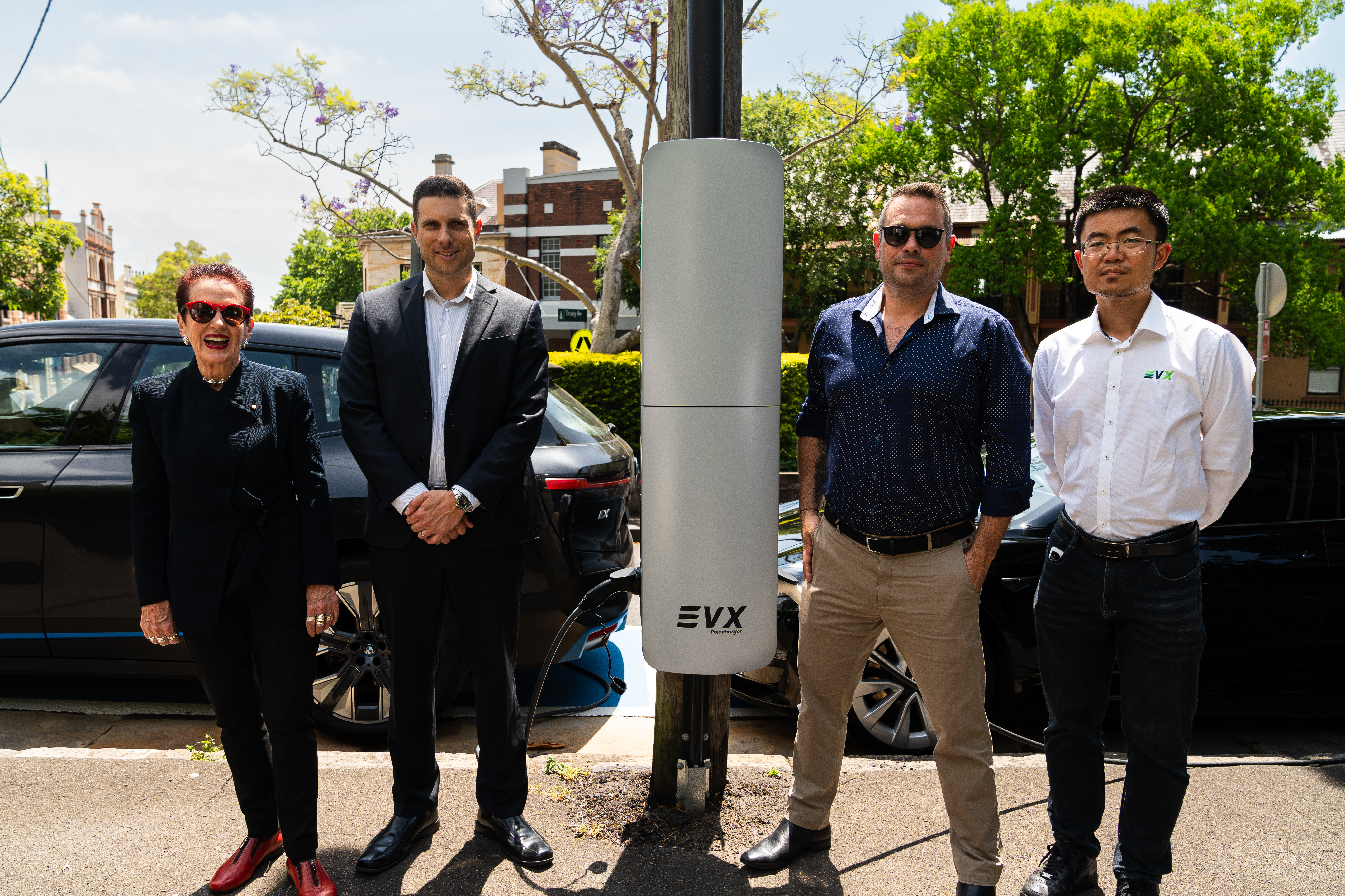 Lord Mayor of Sydney Clover Moore AO with Ausgrid&#39;s head of EV charging Nick Black, EVX CEO Andrew Forster and EVX chief technology officer Sihan Li. Image: City of Sydney/Nick Langley