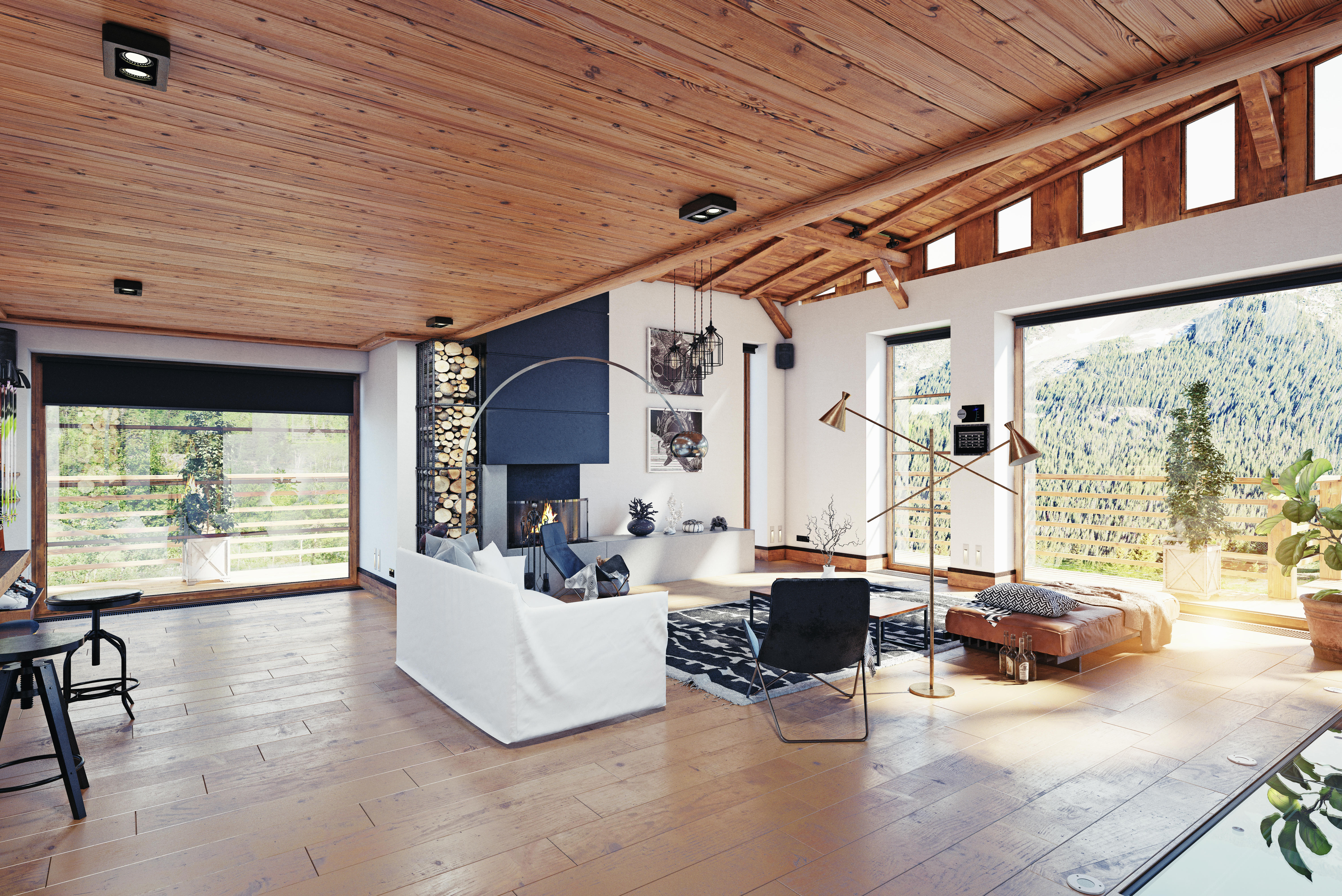 Home interior with mountain views