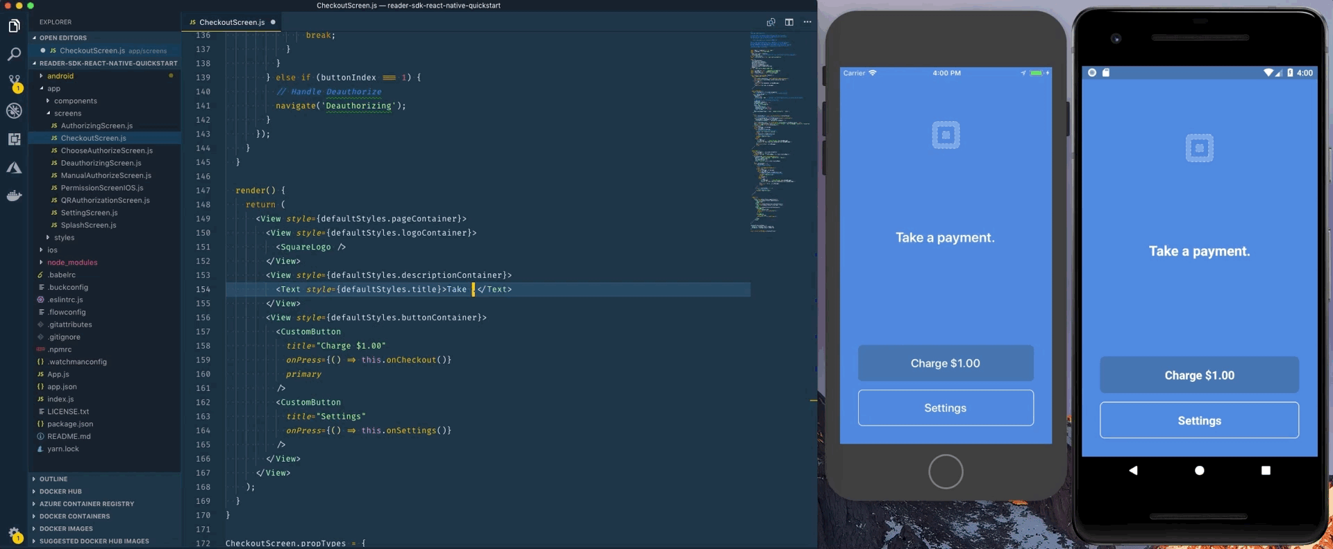 Live reloading a React Native Square Reader app in iOS and Android simultaneously!