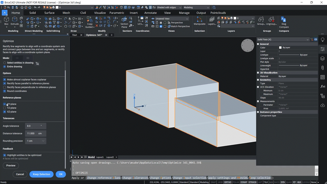 How to use OPTIMIZE 3D command in BricsCAD 4,46-4,53