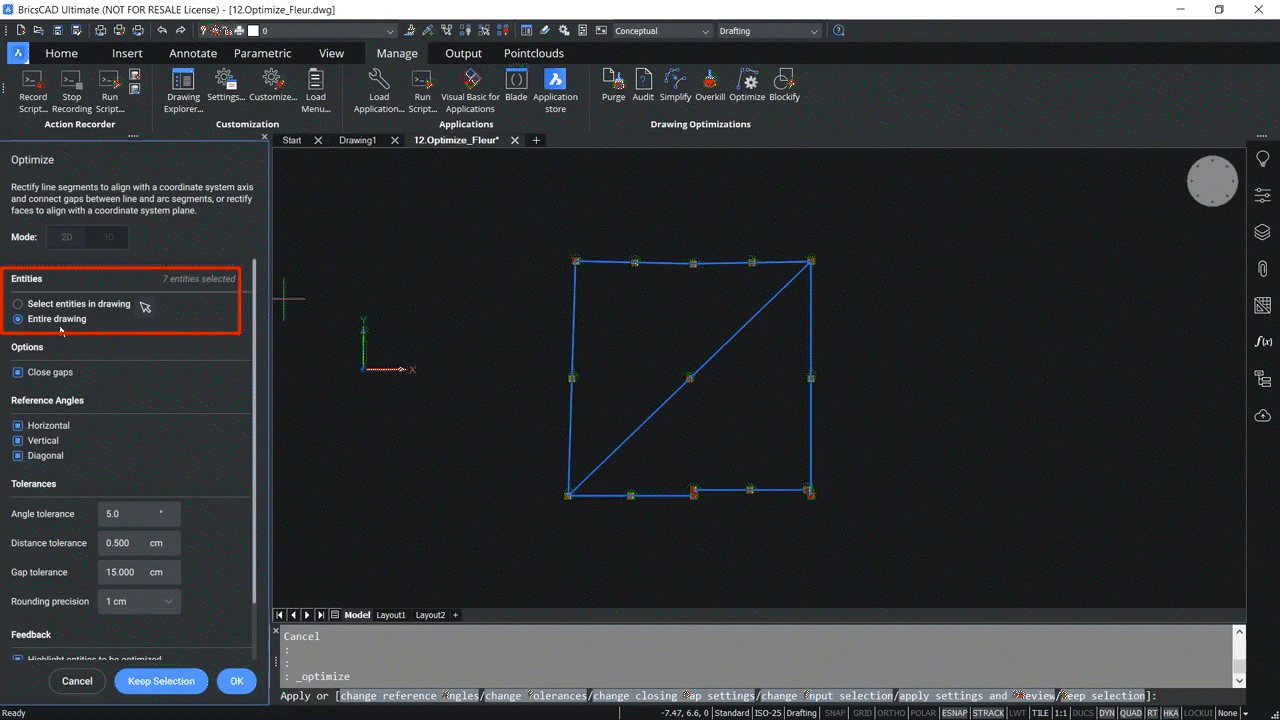 How to use OPTIMIZE 2D command in BricsCAD 3,39-3,55