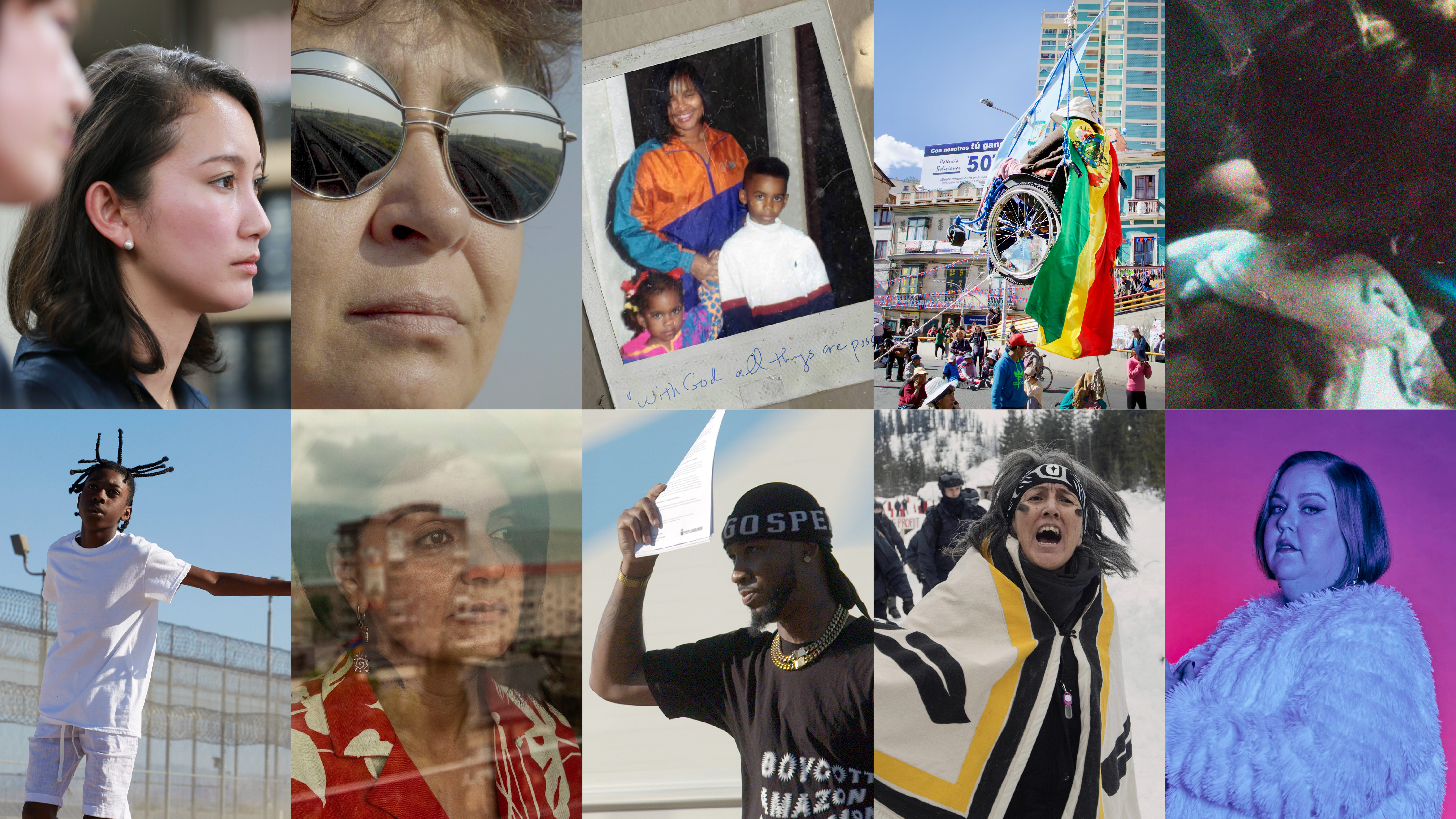 Stills from Project Hatched 2024 grantees. Clockwise from top left: Black Box Diaries, Black Snow, Commuted, La Lucha, Malqueridas, Songs From The Hole, There Was, There Was Not, UNION, Yintah, and Your Fat Friend.