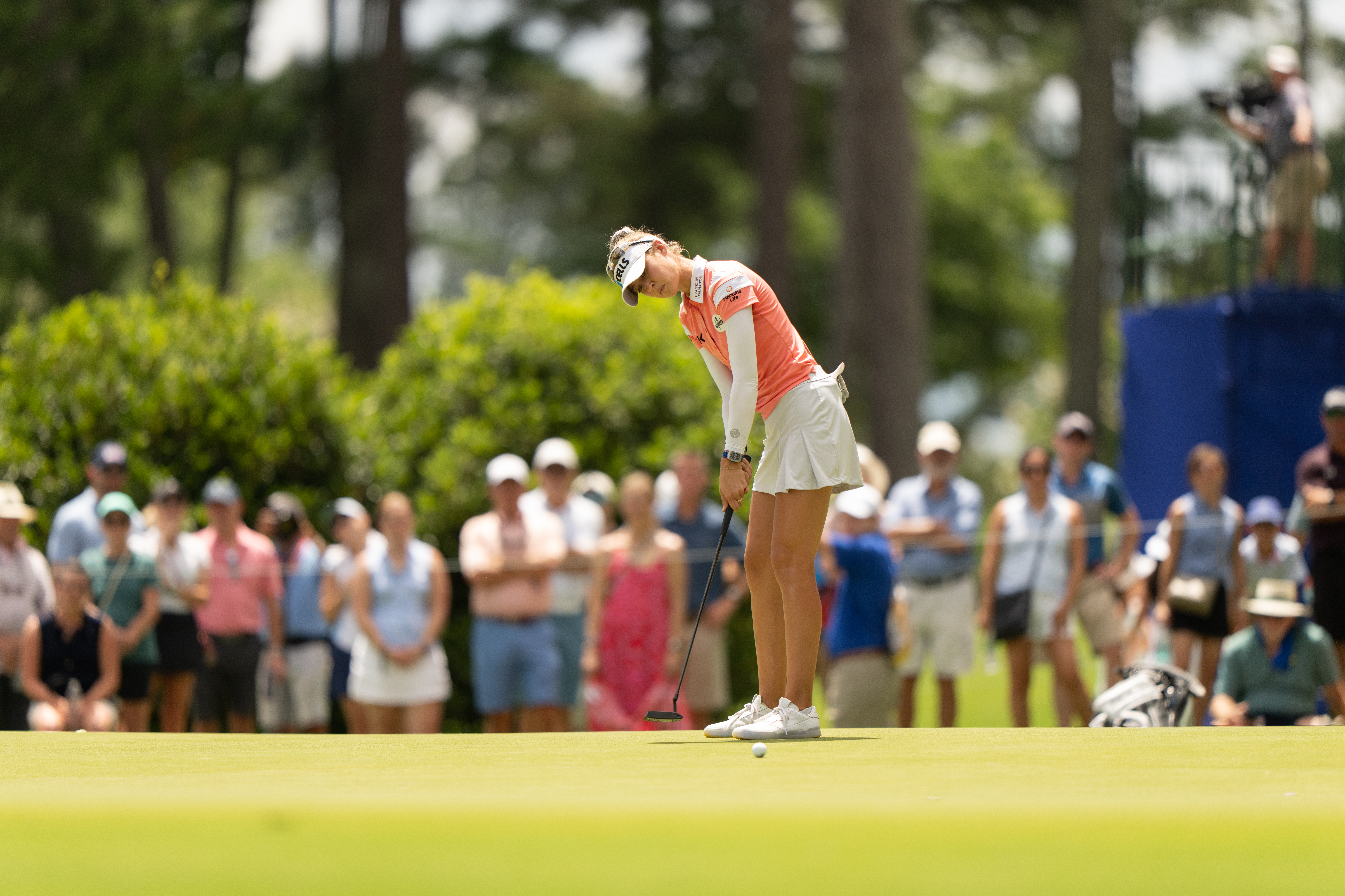 Nelly Korda makes her putt on the 14th hole during the third round for the 2021 KPMG Women's Championship at the Atlanta Athletic Club 