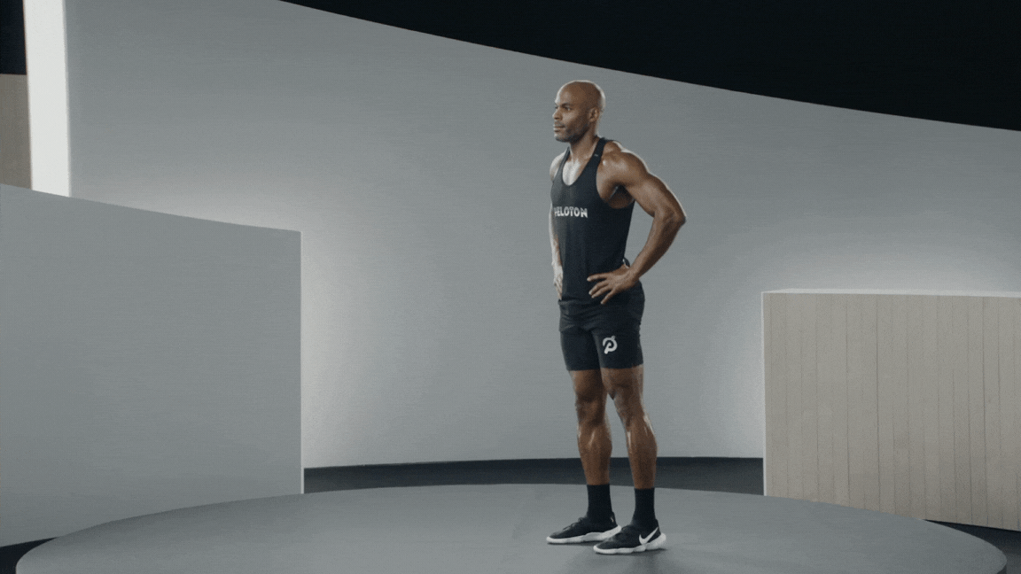 Peloton instructor Adrian Williams demonstrates a front lunge as a strength exercise for pickleball.