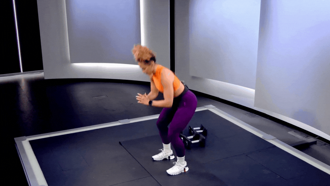 Peloton instructor Jess Sims demonstrates a bilateral jump to unilateral landing as part of a strength training routine for basketball players