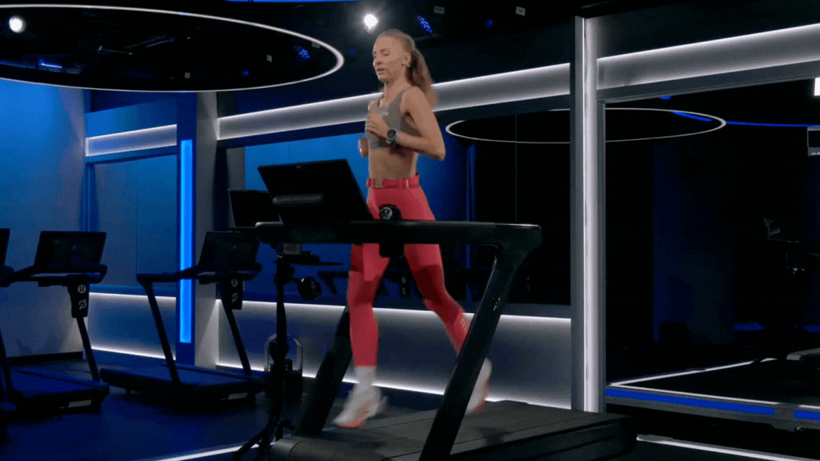 Peloton instructor Becs Gentry demonstrates proper running form during a Peloton treadmill class.