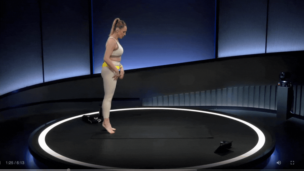 Peloton instructor Mila Lazar demonstrates the toe-heel walks exercise during a foot and ankle mobility class