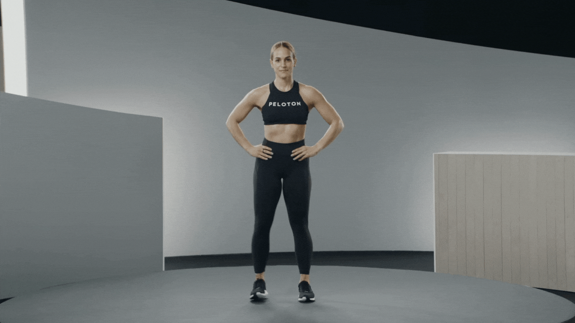 Peloton instructor Jess Sims demonstrates a lateral lunge as a strength exercise for pickleball.