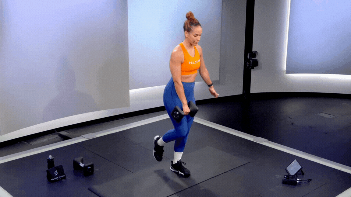 Peloton instructor Jess Sims demonstrates a contralateral single-leg deadlift with proper form