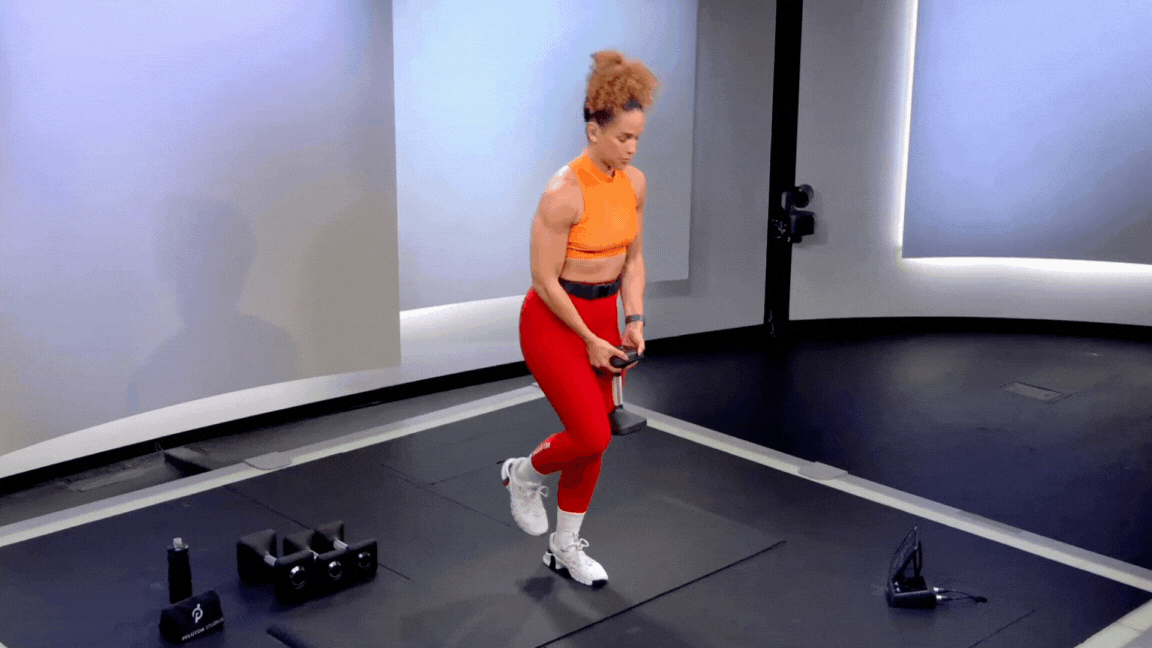 Peloton instructor Jess Sims demonstrates a dumbbell single-leg deadlift as part of a strength training routine for basketball players