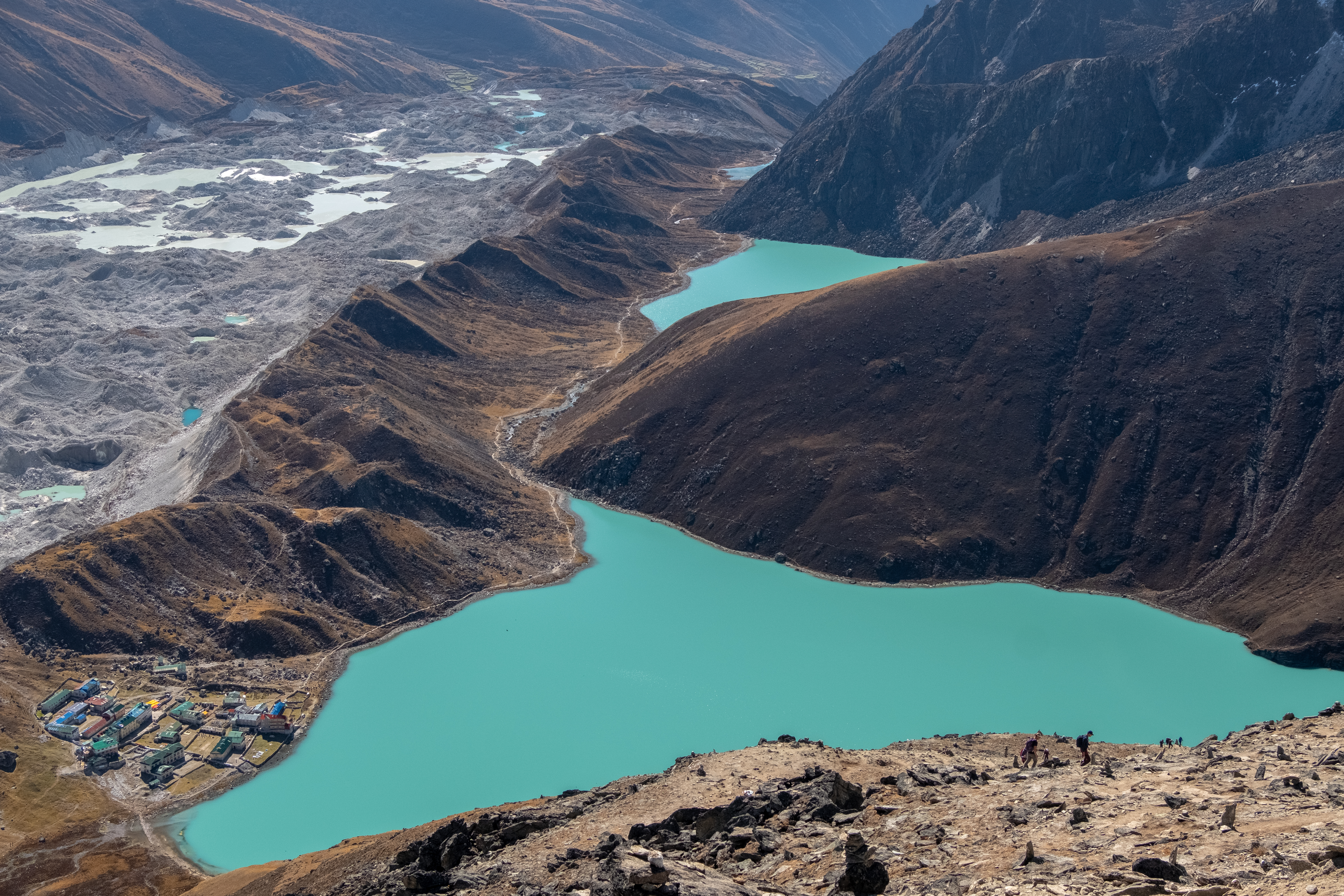 Pur. Panoramic view on Ngozumpa glacier, Gokyo lakes and Gokyo village from summit of Gokyo Ri.