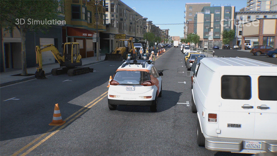 Cruise car navigating city streets and construction in simulation