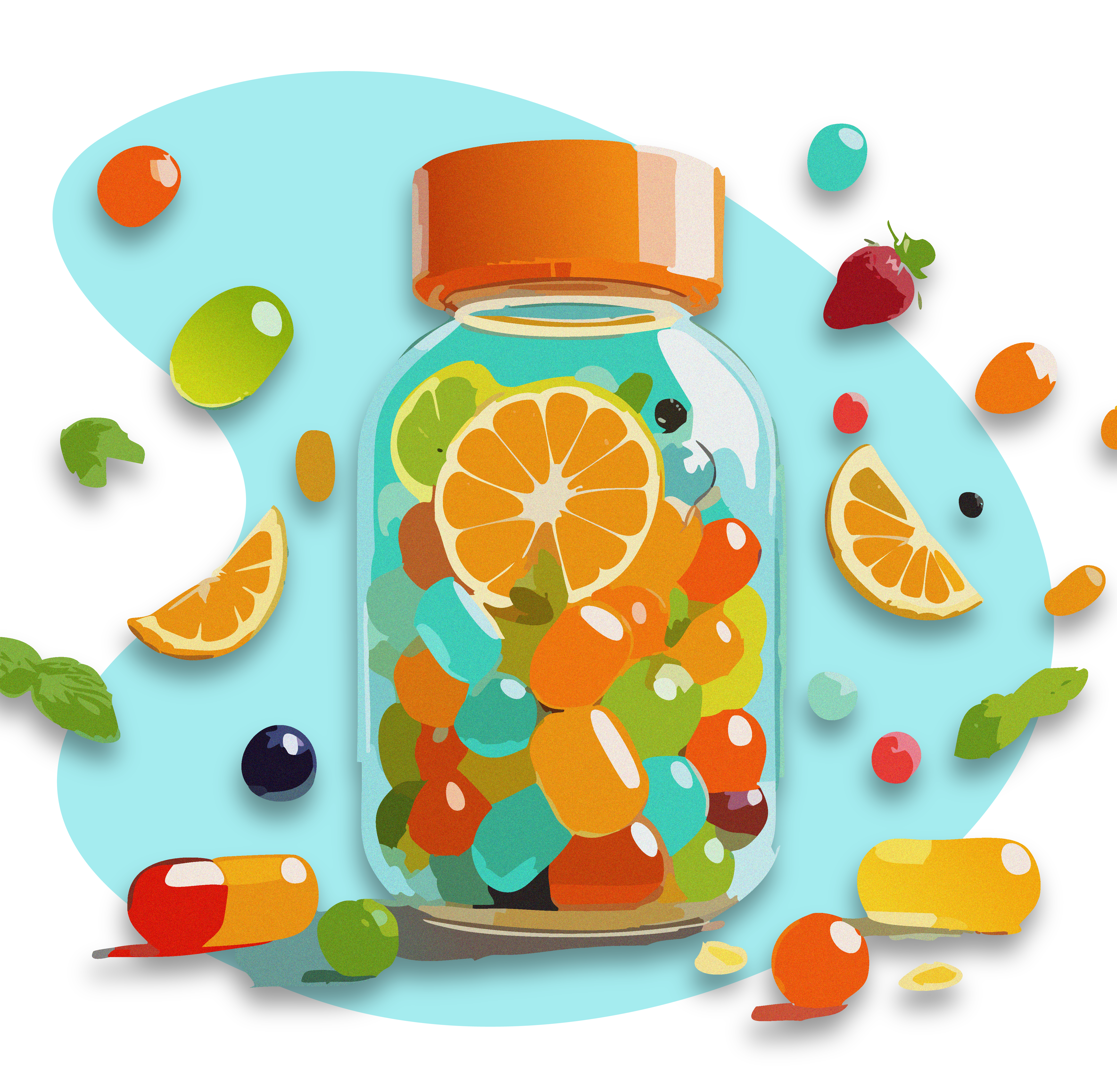 Illustration of a bottle of gummy vitamins. The flavors of the vitamins are represented by bright colors and some different fruits, including strawberries, oranges, limes, and grapes. This. is to show that gummy vitamins are often sugary and fruity flavors. 