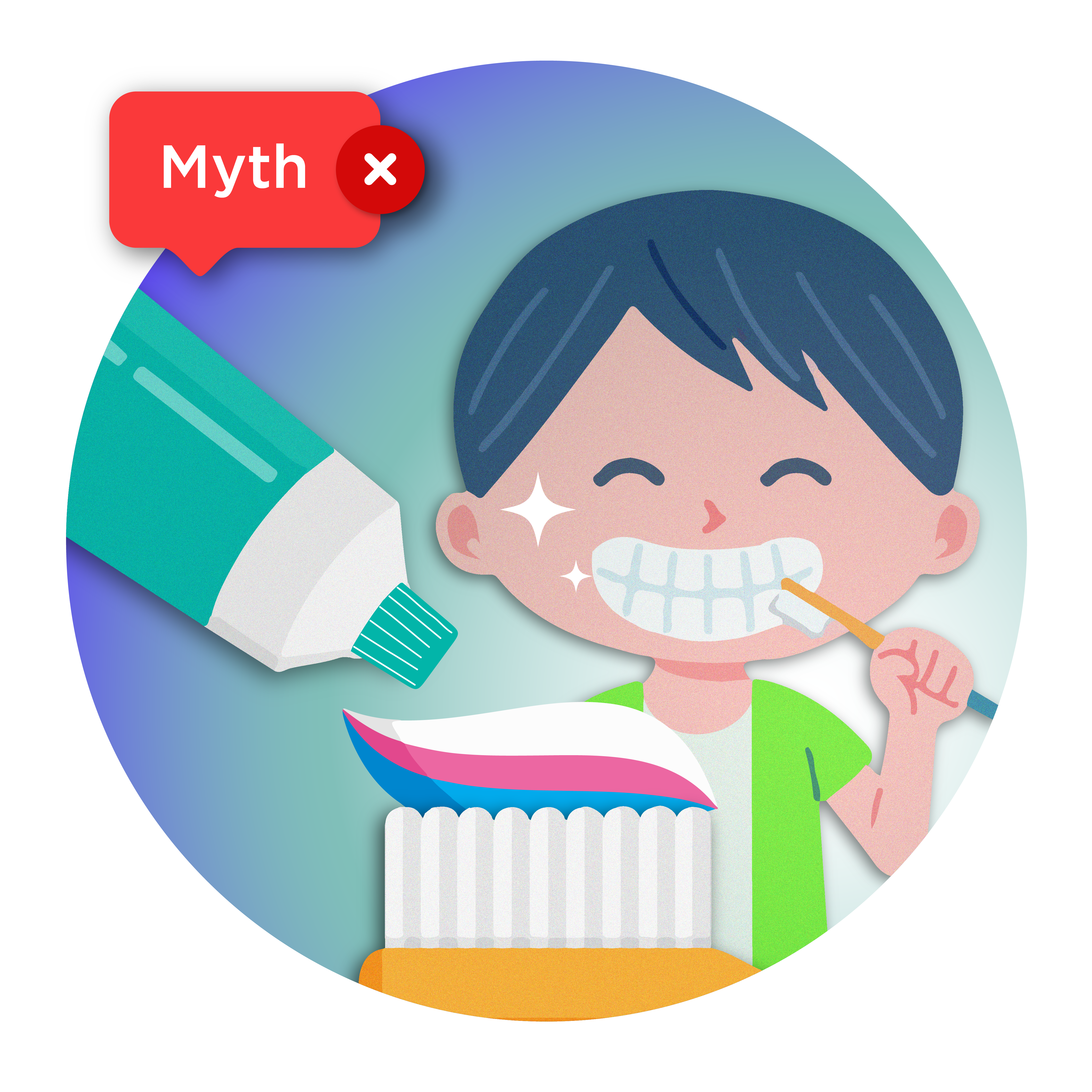 Illustration of a child brushing their teeth and a toothbrush with a large amount of toothpaste on it 