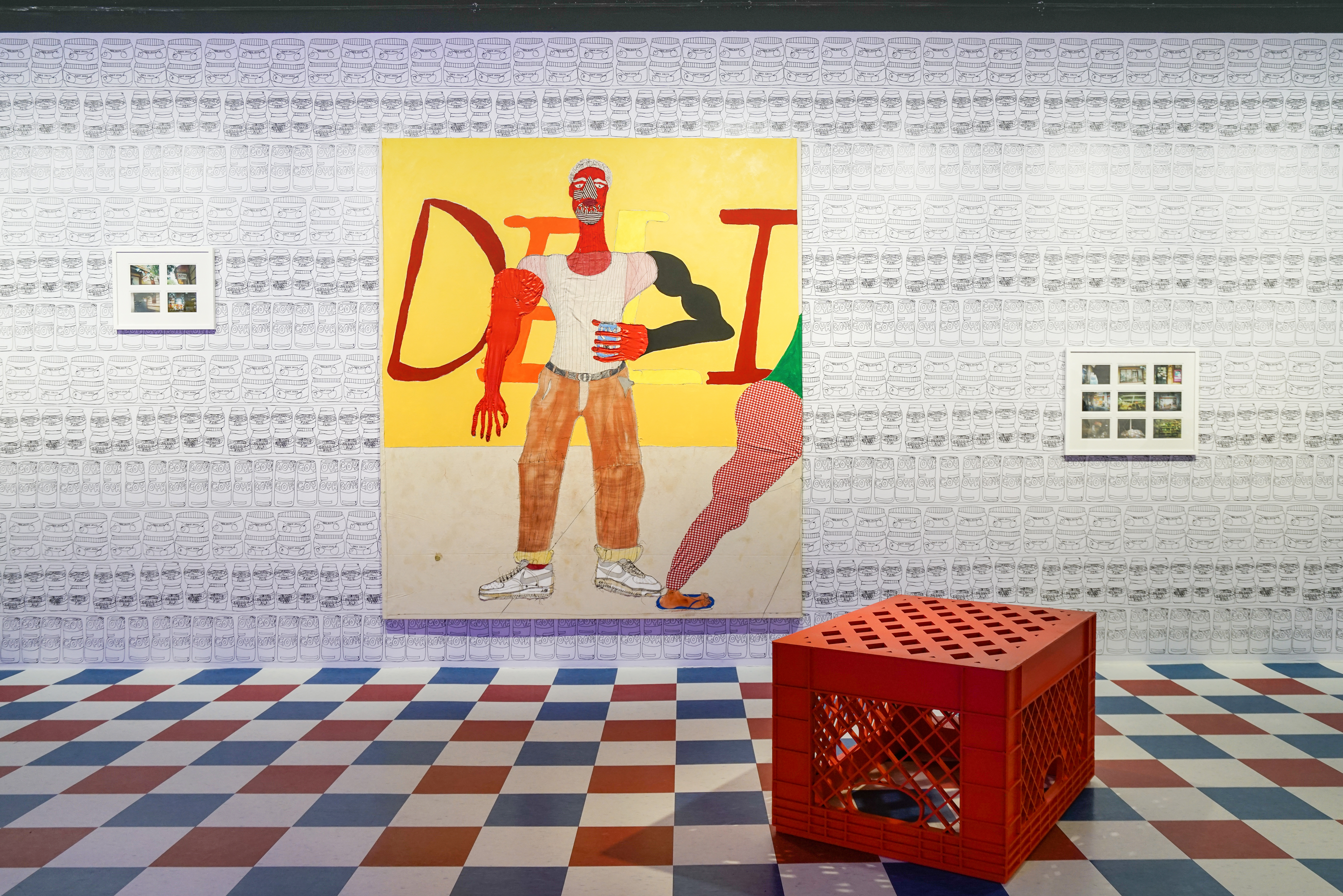 Laser cut red bodega crate inside a gallery