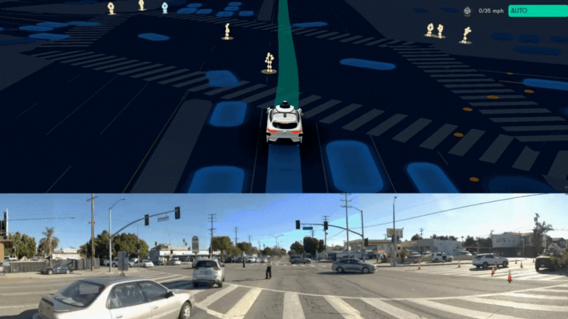 The Waymo Driver recently interpreting a police officer’s hand signals in a Los Angeles intersection. 
