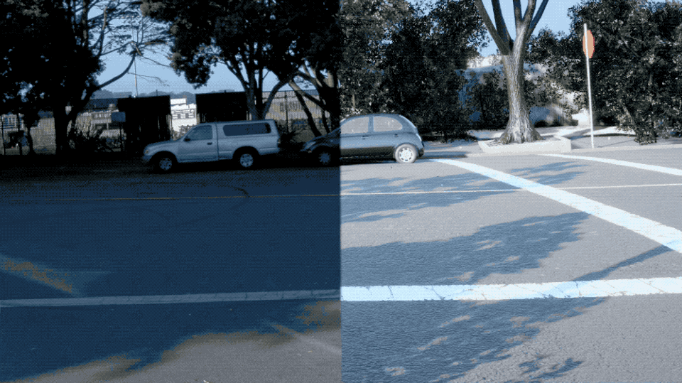 A side by side of video footage from the Waymo Driver in San Francisco (left) next to the same scene rendered in Waymo's Simulation City (right)