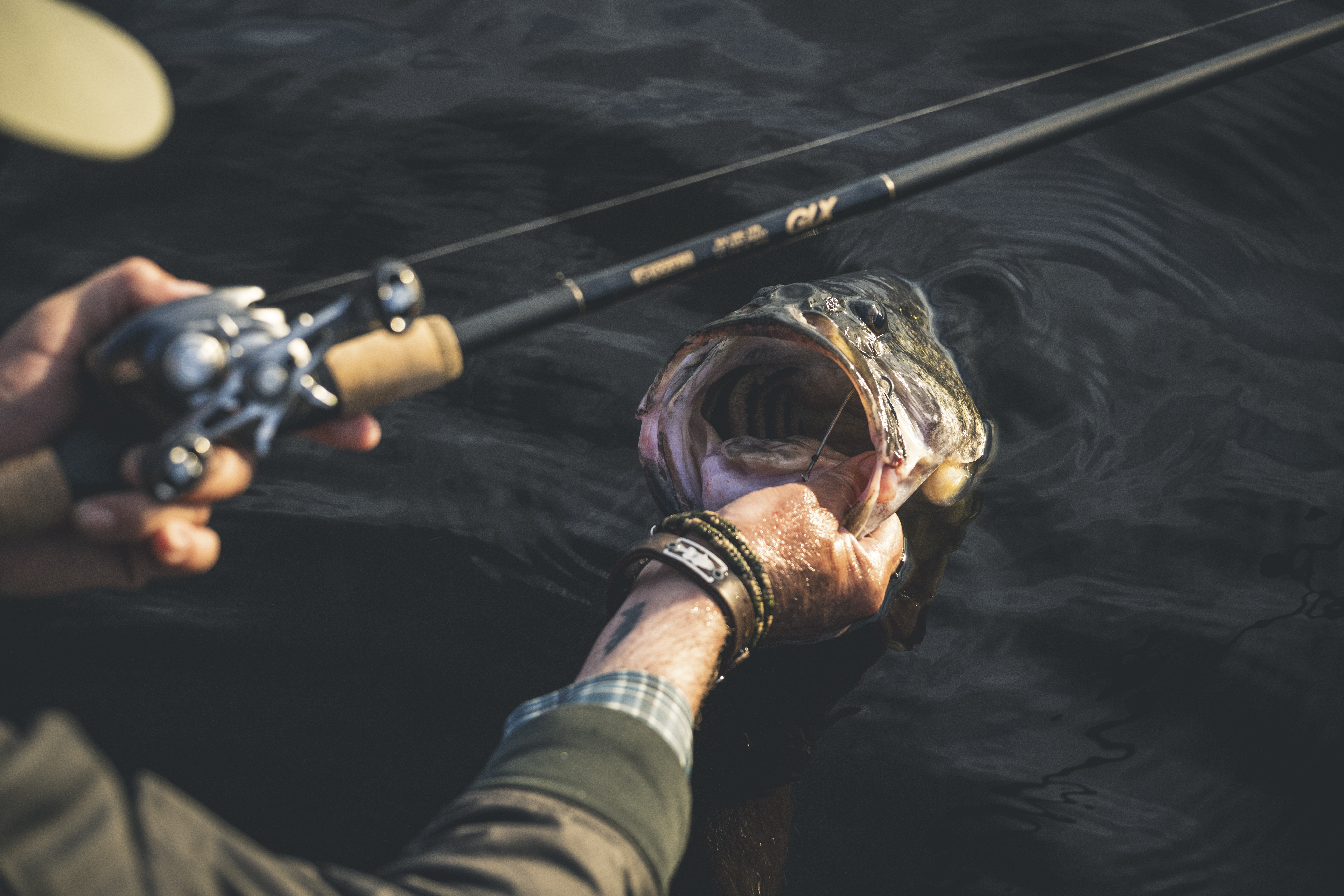 An angler grabs a big largemouth bass by the lower jaw.