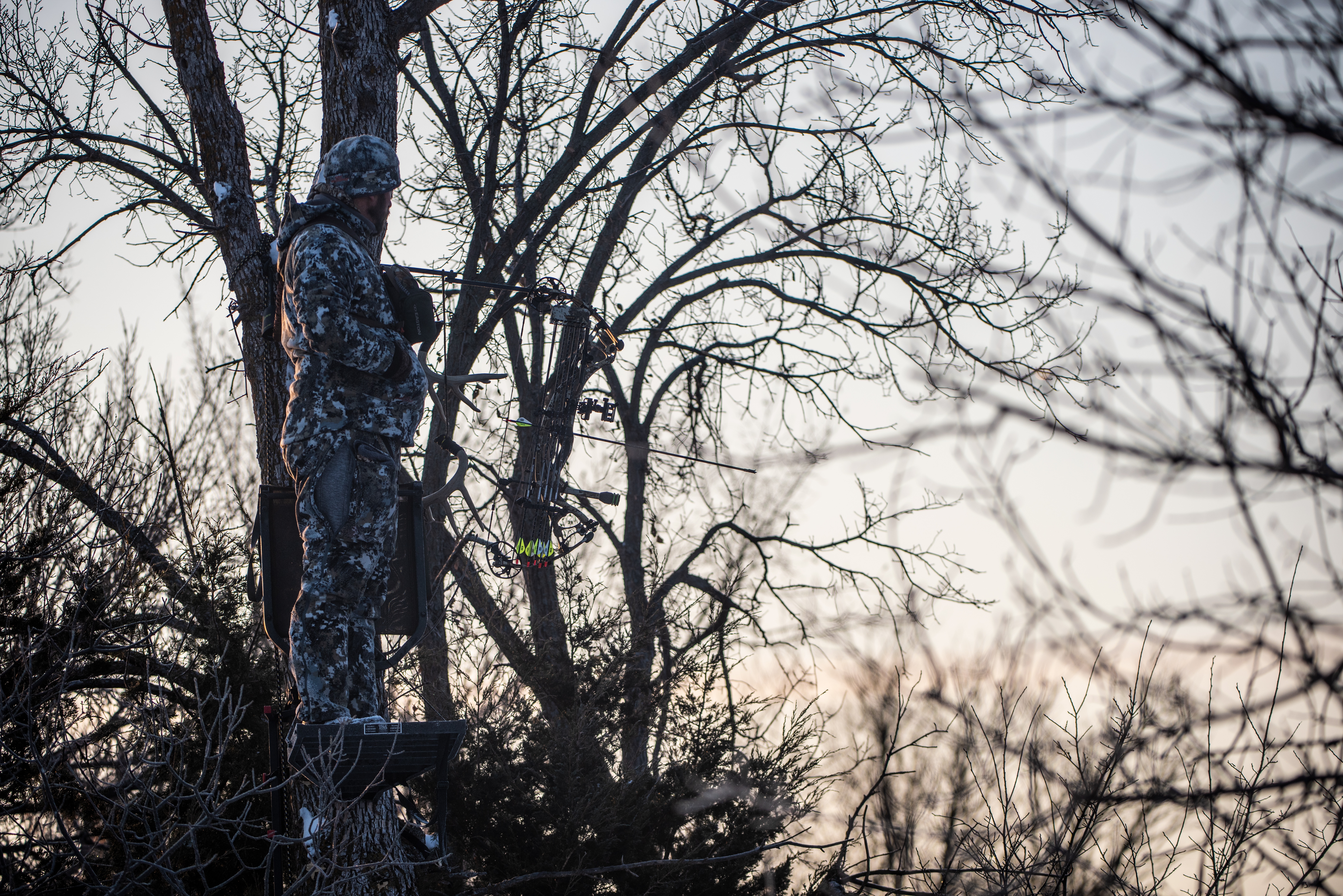 A bowhunter in a tree stand.