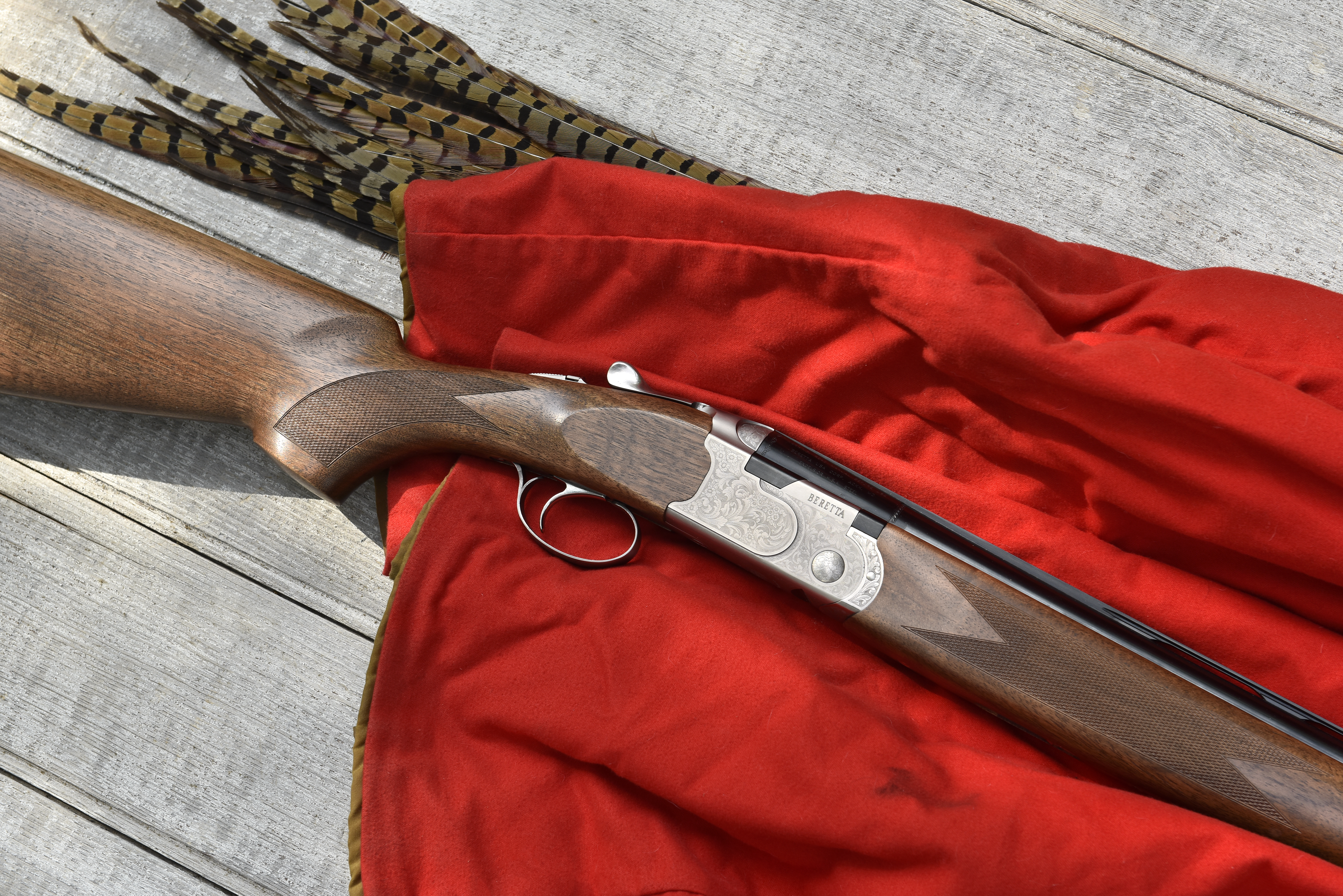 The new Beretta 686 Silver Pigeon I shotgun on a red blanket with pheasant tailfeathers.