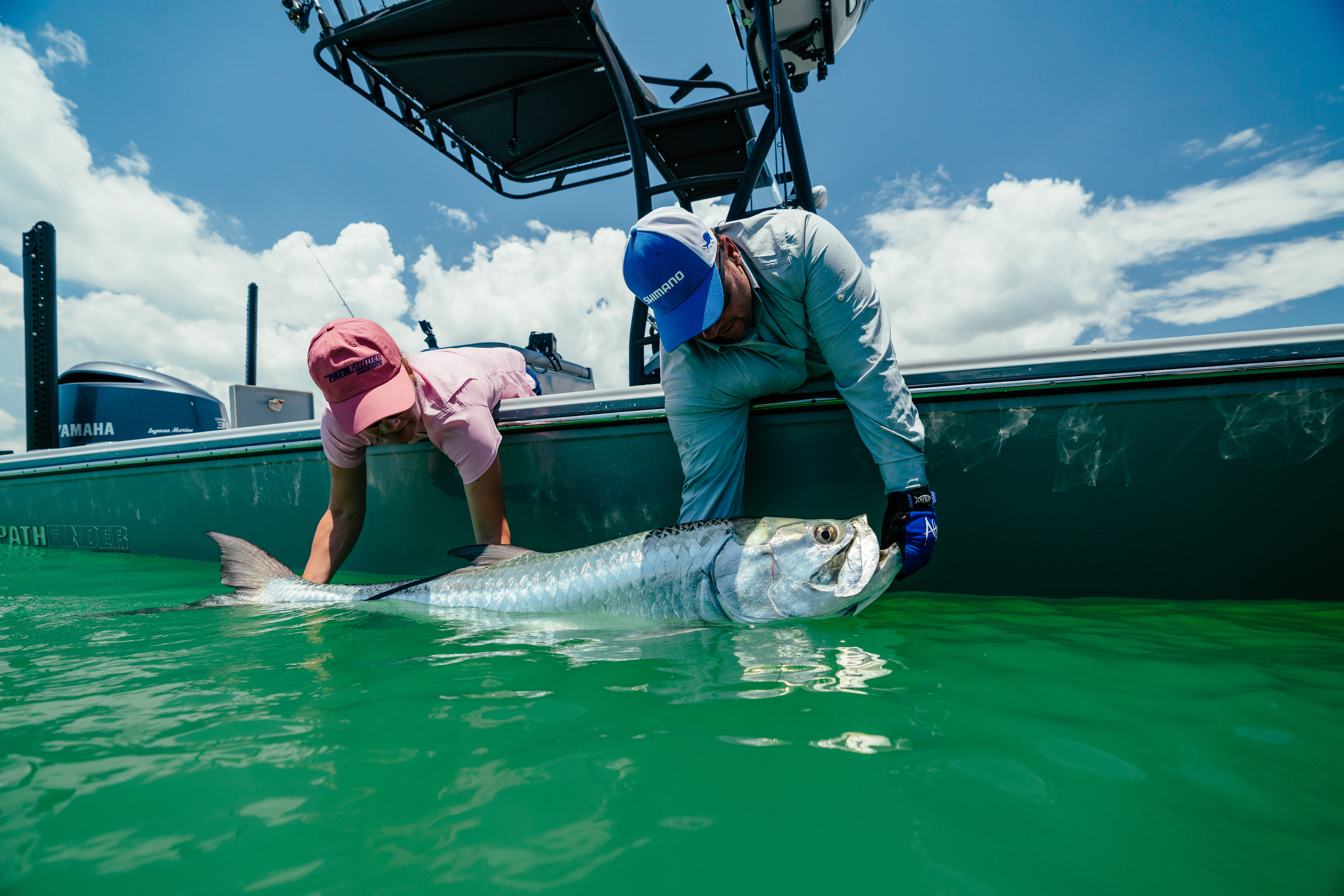 Two anglers hold a 100-plus pound tarpon in the water before reviving and releasing the fish.