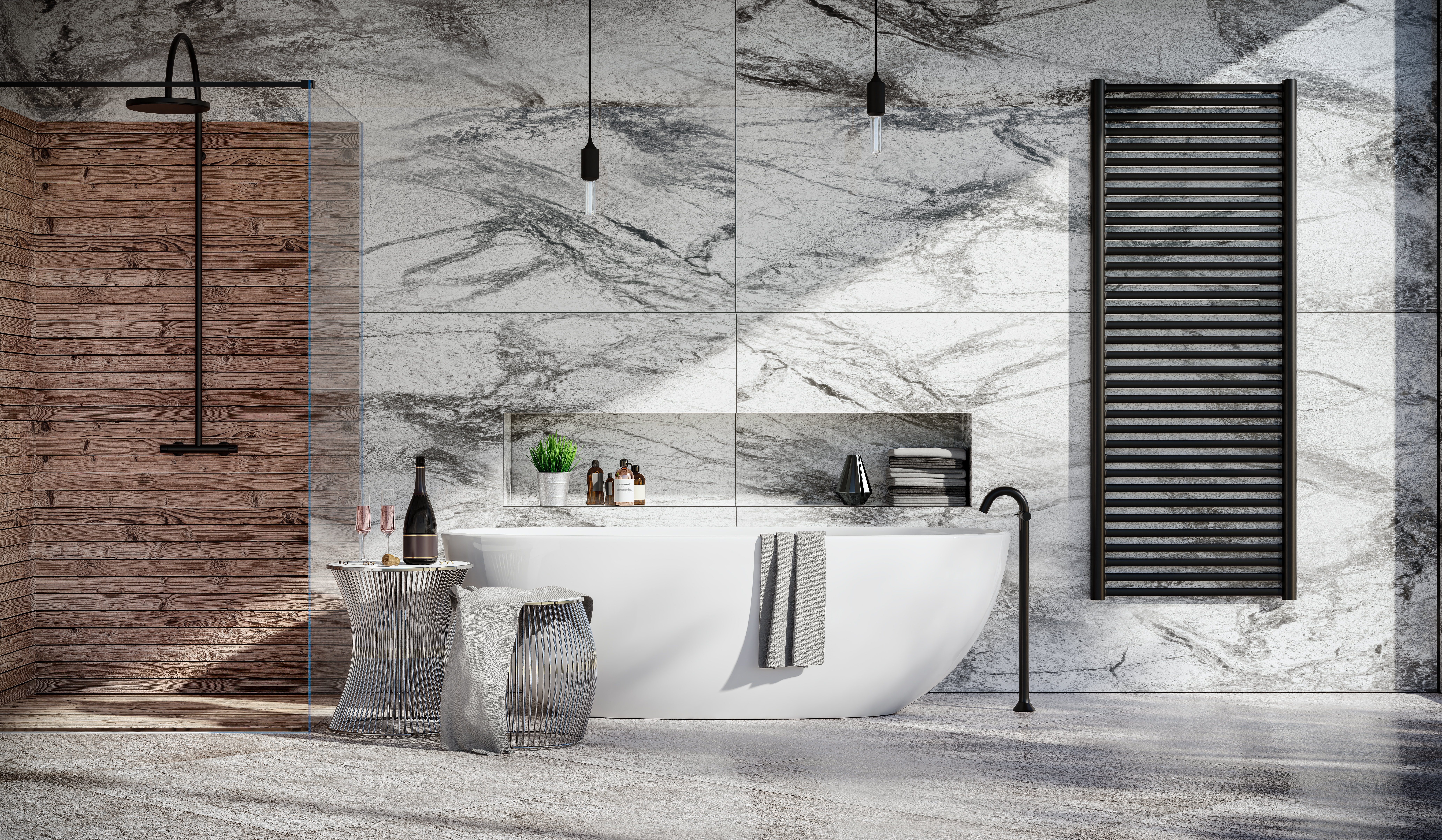 Wet room with black marble tile
