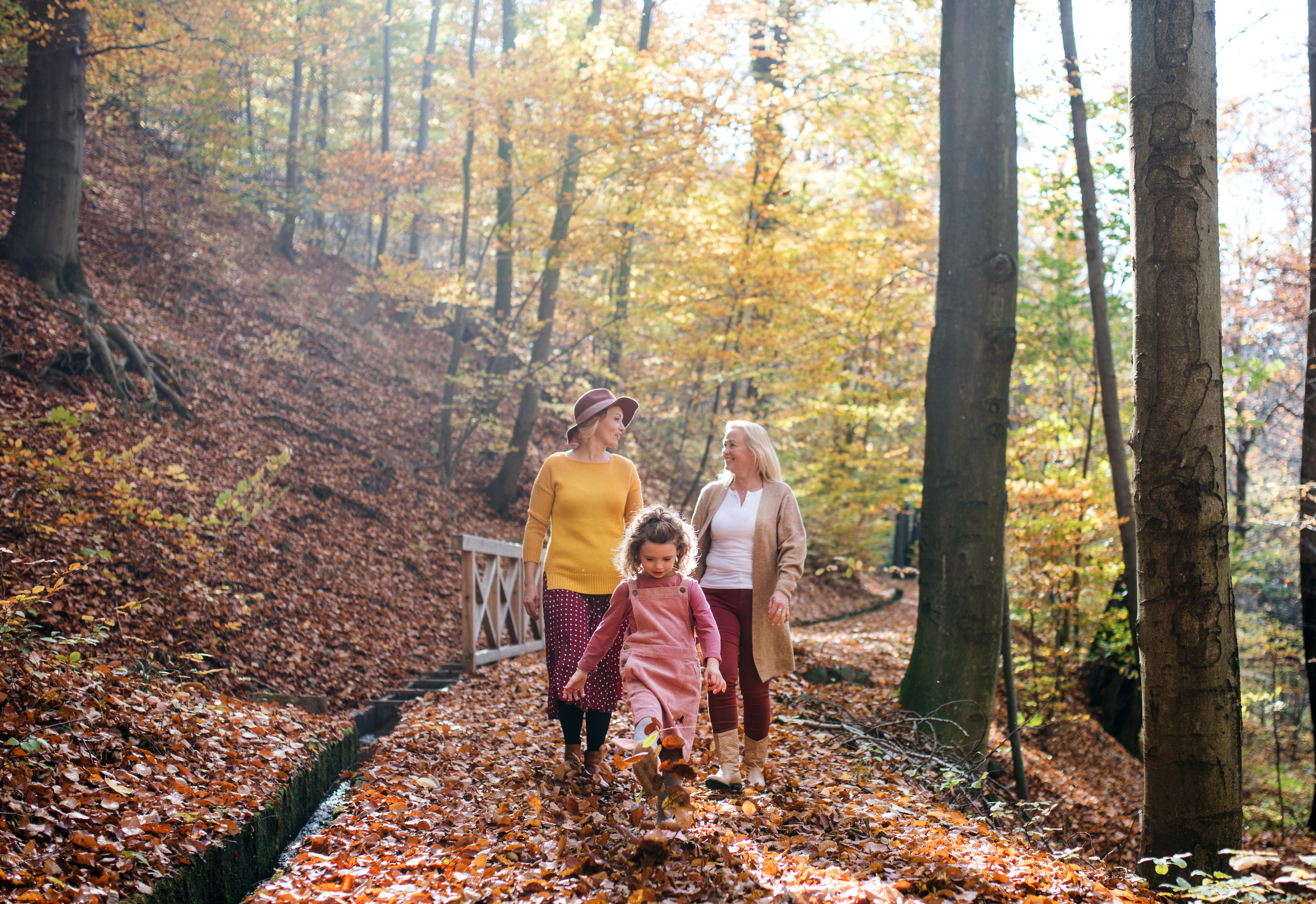 Small girl with mother and grandmother on a walk in autumn forest.