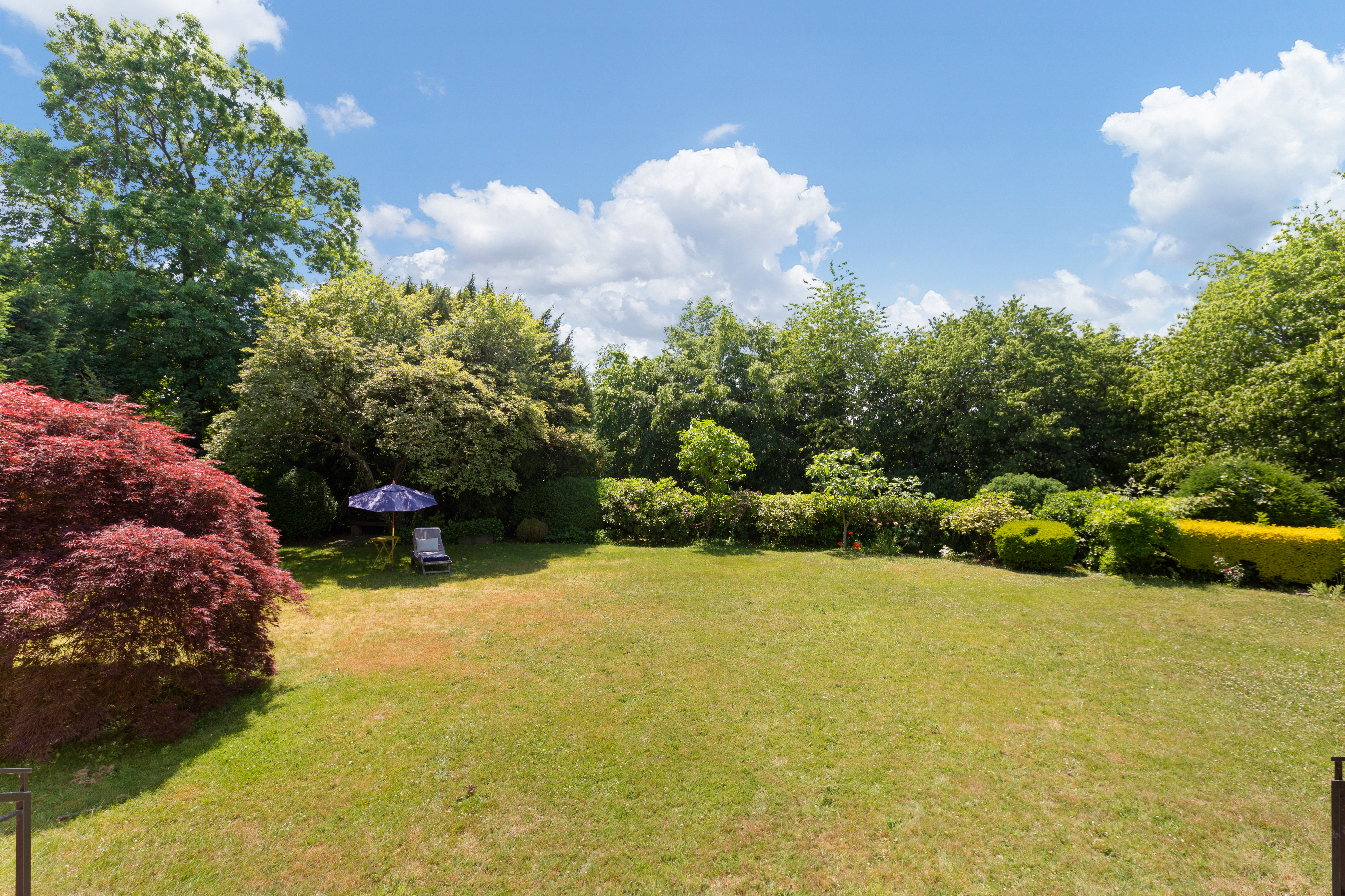Großer Garten mit Rasen, Bäumen, Sträuchern und einer Sonnenliege unter einem blauen Sonnenschirm.