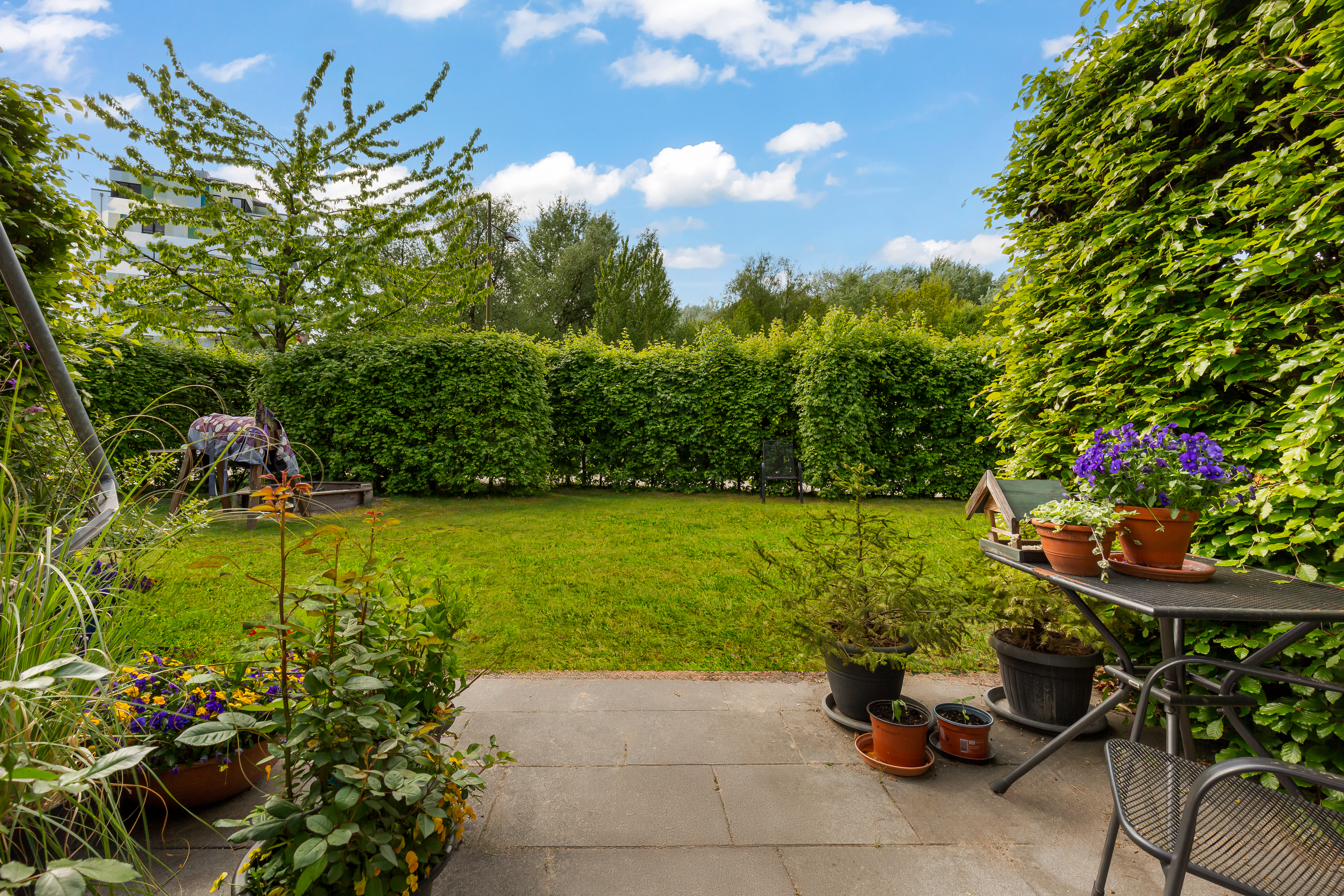 Blick auf einen Garten mit Rasen, Hecken, Pflanzen und einem Tisch mit Blumentöpfen.
