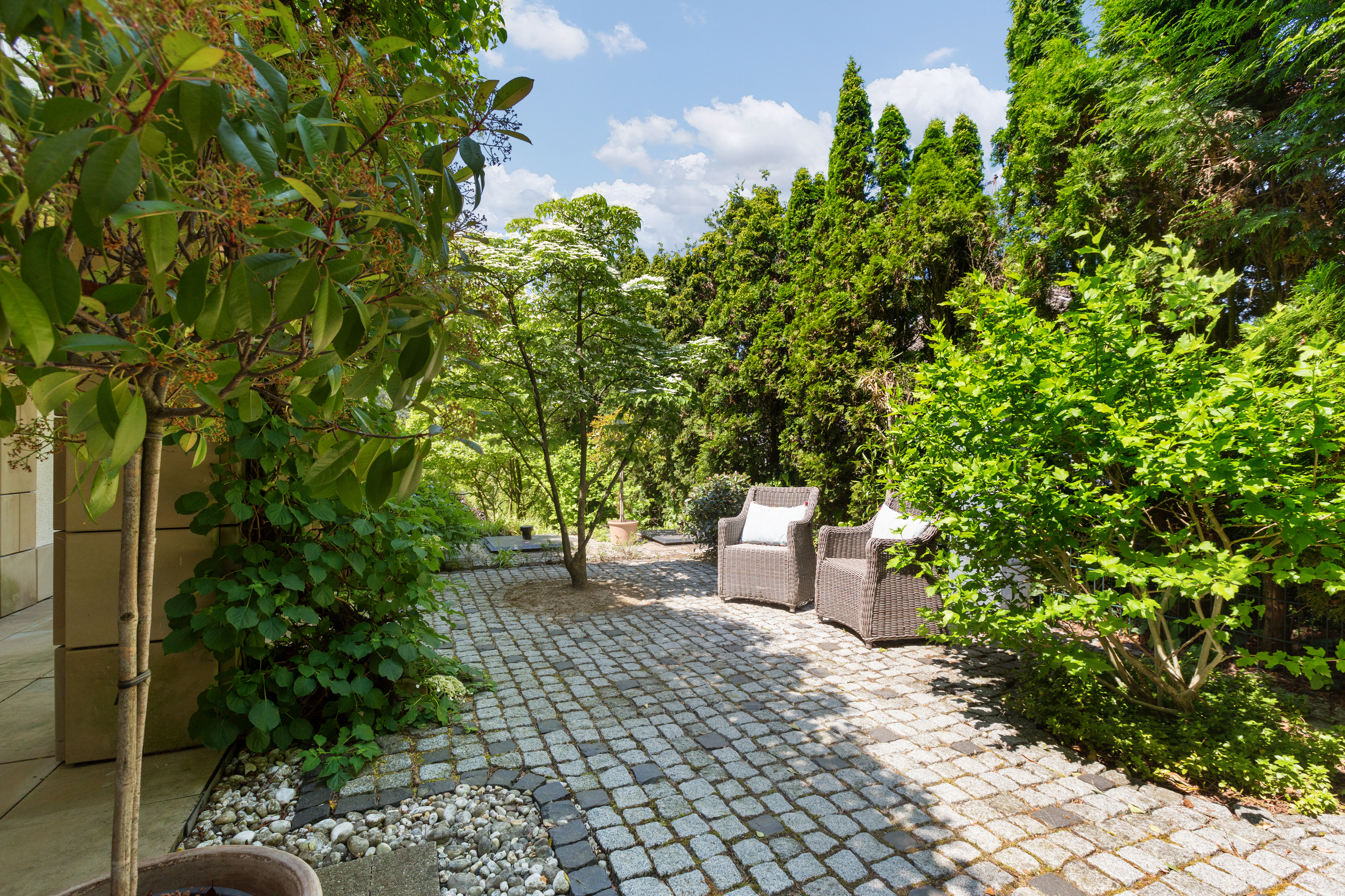 Gepflasterte Terrasse mit zwei geflochtenen Sesseln, umgeben von grünen Bäumen und Sträuchern.