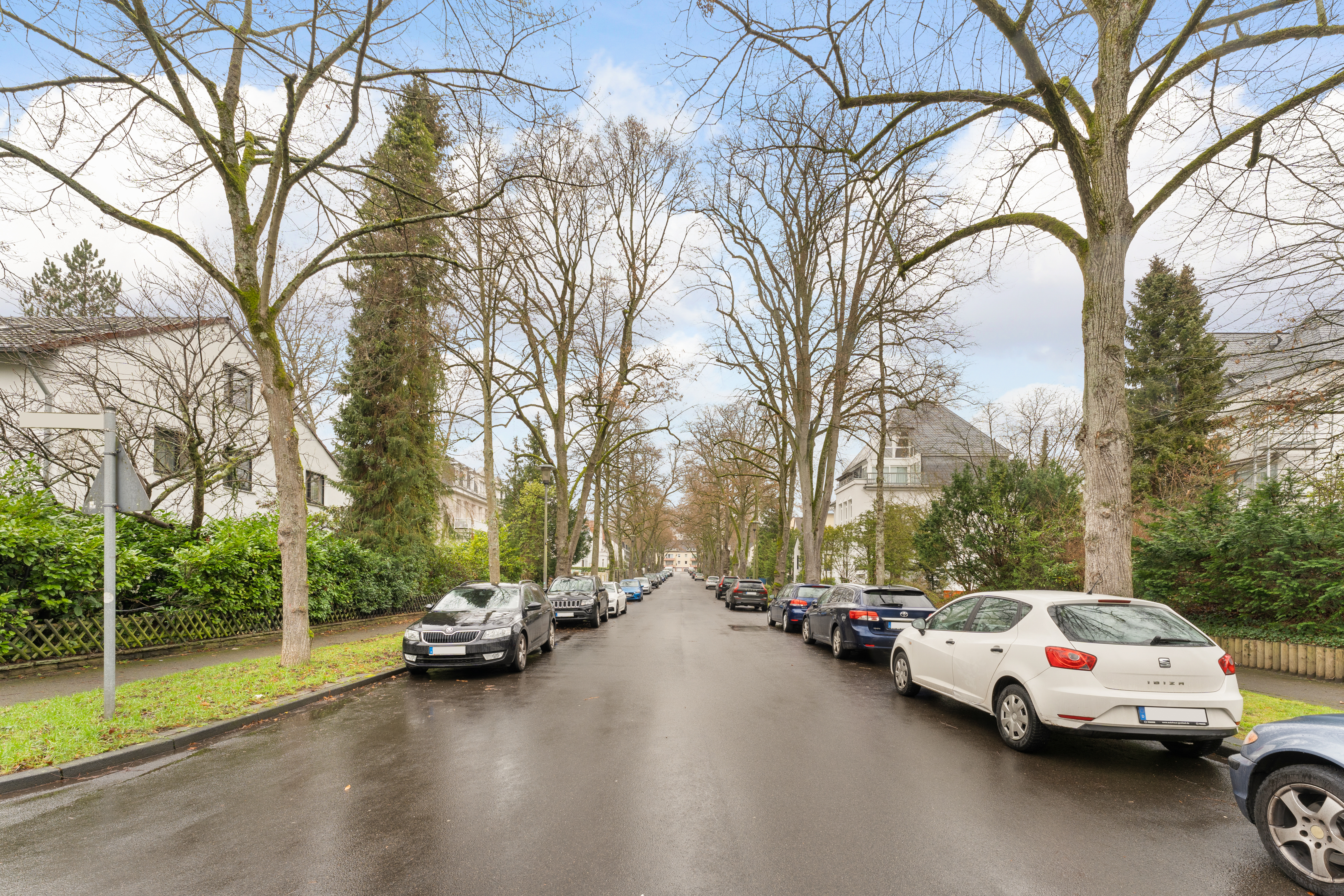 Baumgesäumte Wohnstraße mit parkenden Autos und Häusern auf beiden Seiten.