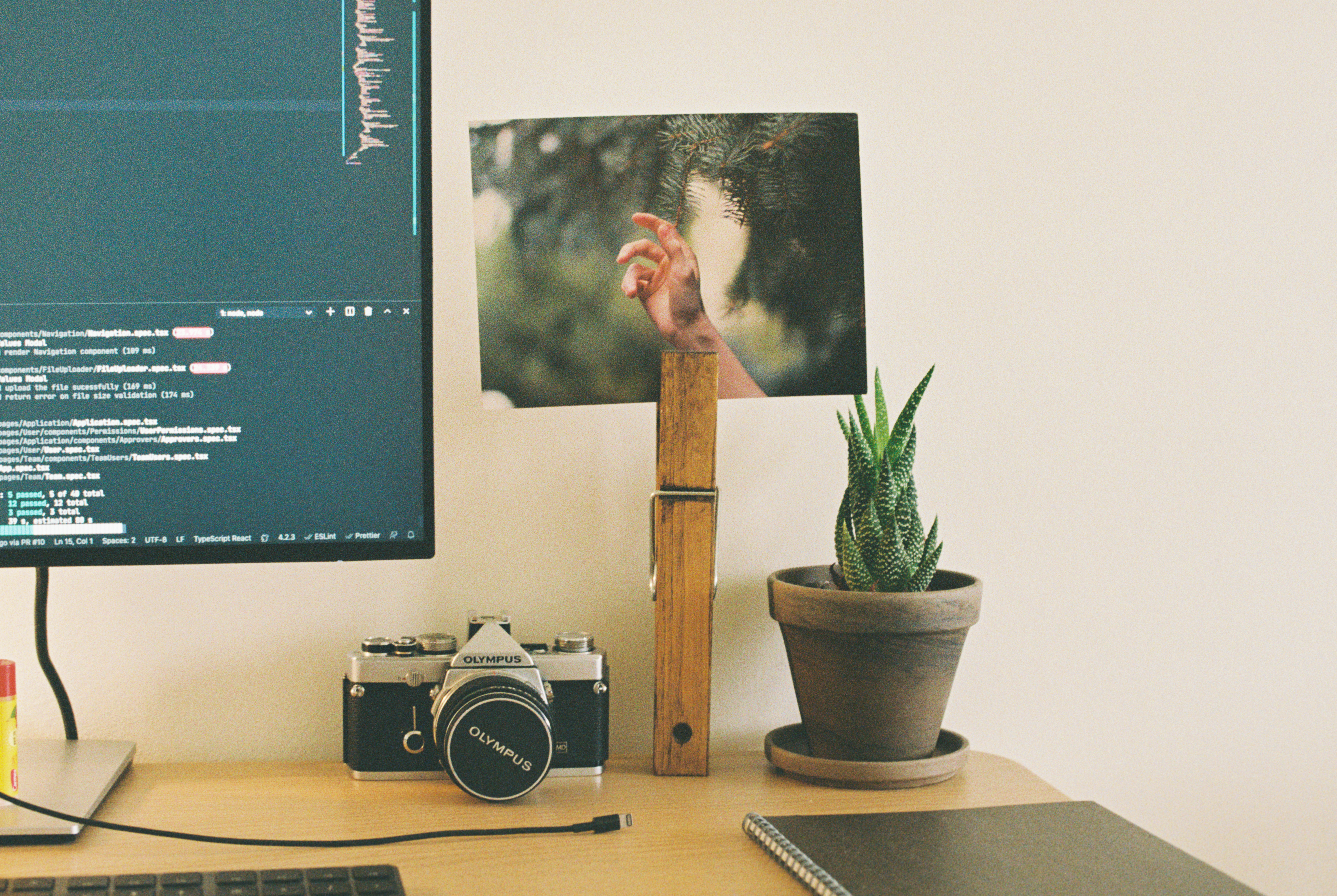 Home office setup: camera, monitor with code, plant, and a film print on the wall