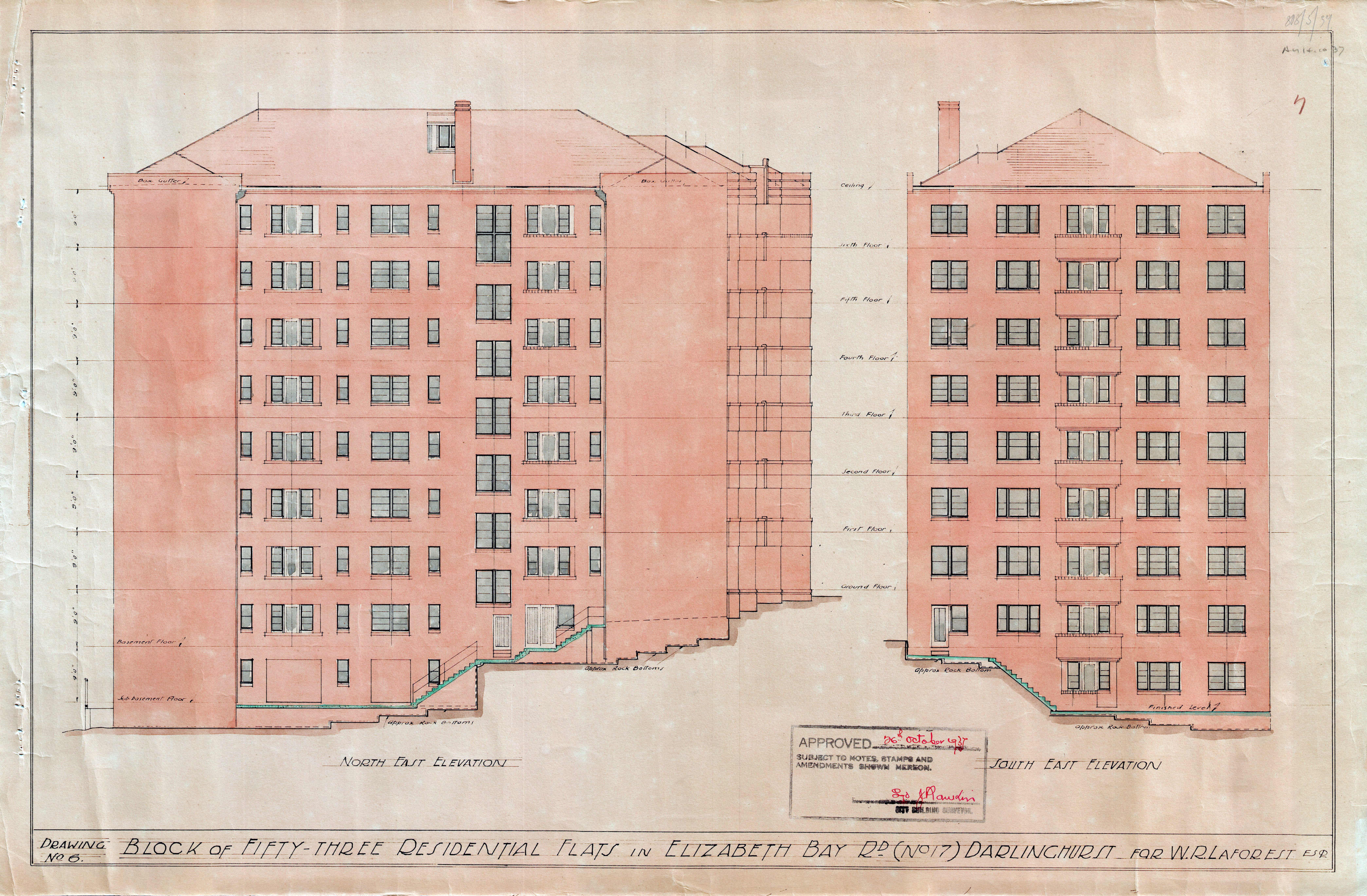 Architectural plan for residential flats at 17 Elizabeth Bay Road, Elizabeth Bay, 1937 (City of Sydney Archives A-00552880)