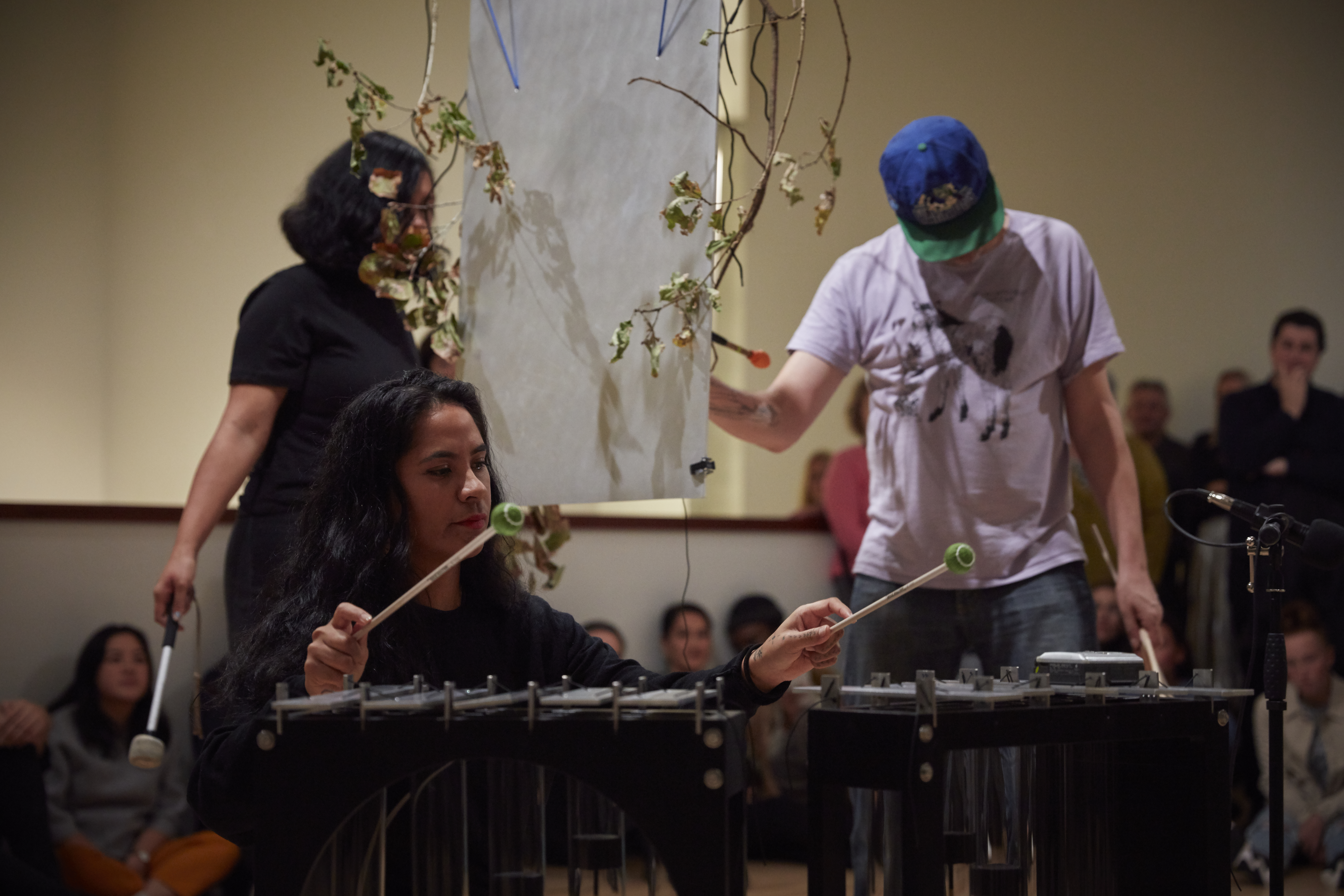 Pictured: Opening performance by the Coolies (Stefan Neville, Tina Pīhema, Sjionel Timu). Installation view: A hook but no fish, Govett-Brewster Art Gallery, New Plymouth, 2018. Courtesy of the artist and Michael Lett. Photograph by Samuel Hartnett