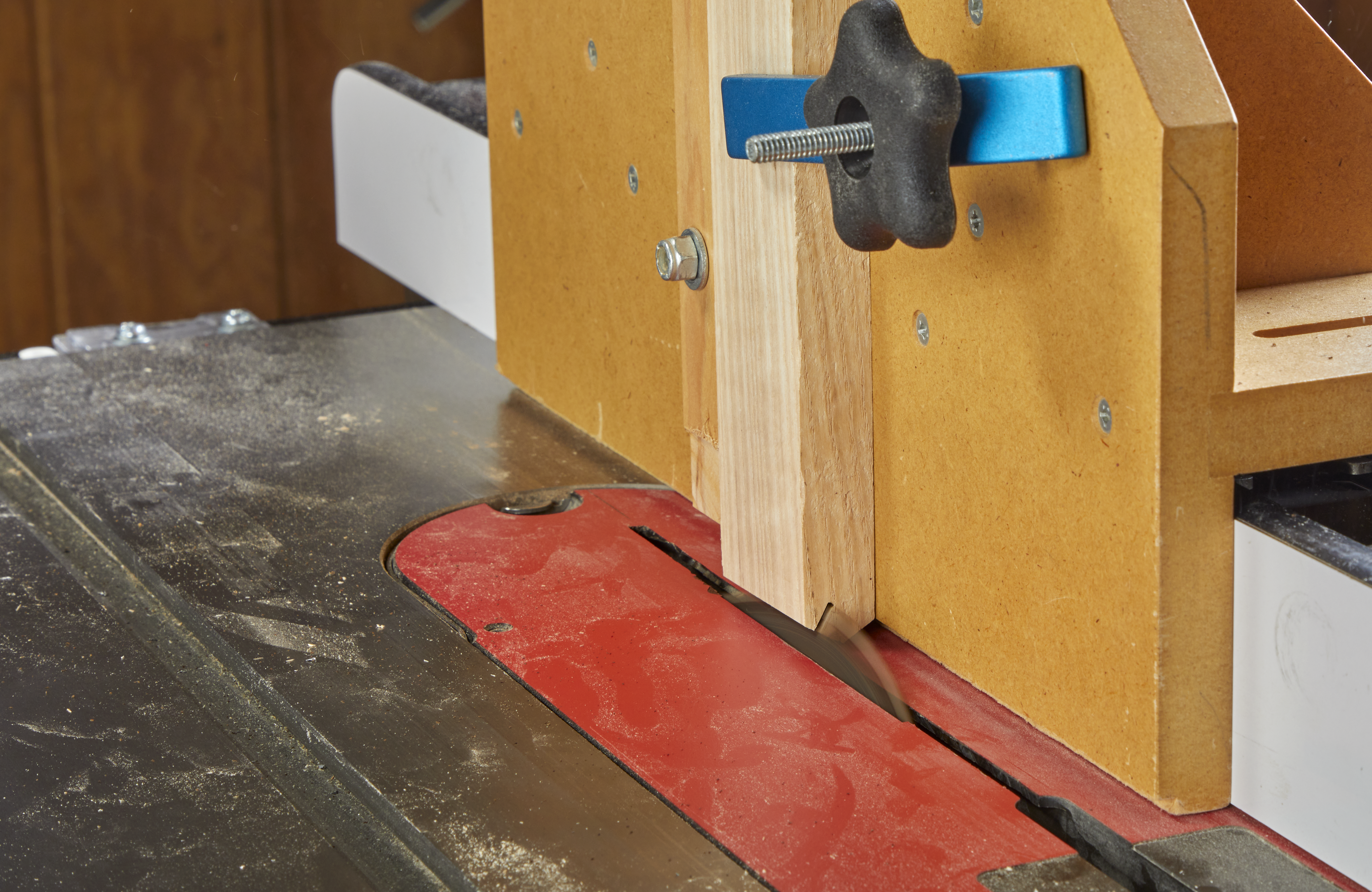 Image of tenoning jig used to cut slots adding a spline to reinforce the miter joint