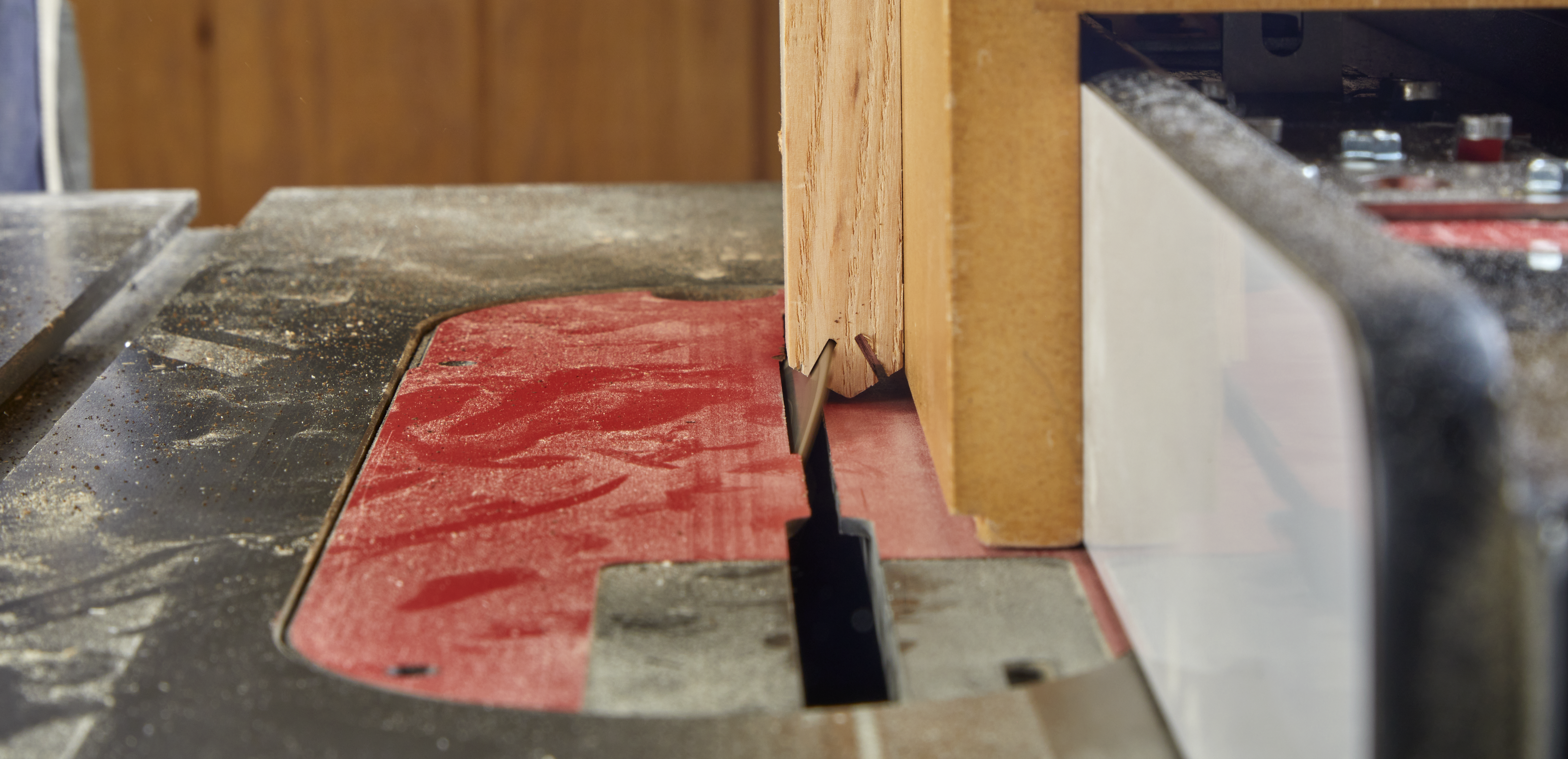 Image of tenoning jig used to cut two angled slots adding a spline to reinforce the miter joint