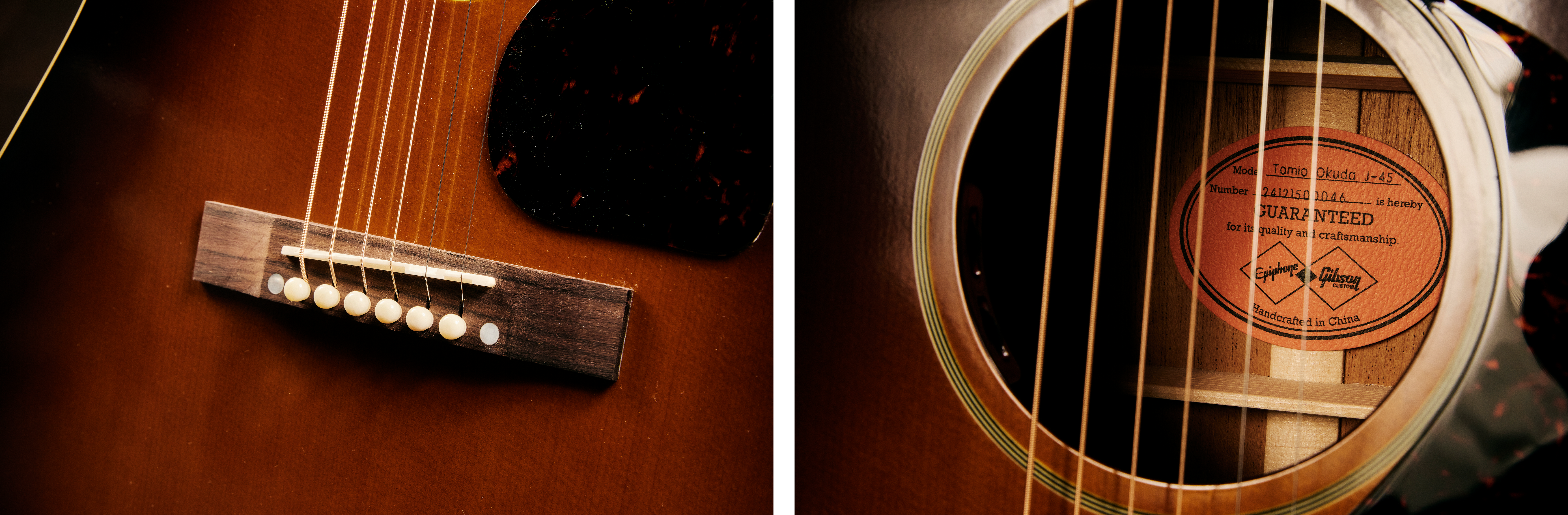 『Epiphone Inspired By Gibson Custom Tamio Okuda J-45』ローズウッド材を使用したブリッジ、ヴィンテージ風の内部ラベルとサウンドホール周りの7層パーフリング
