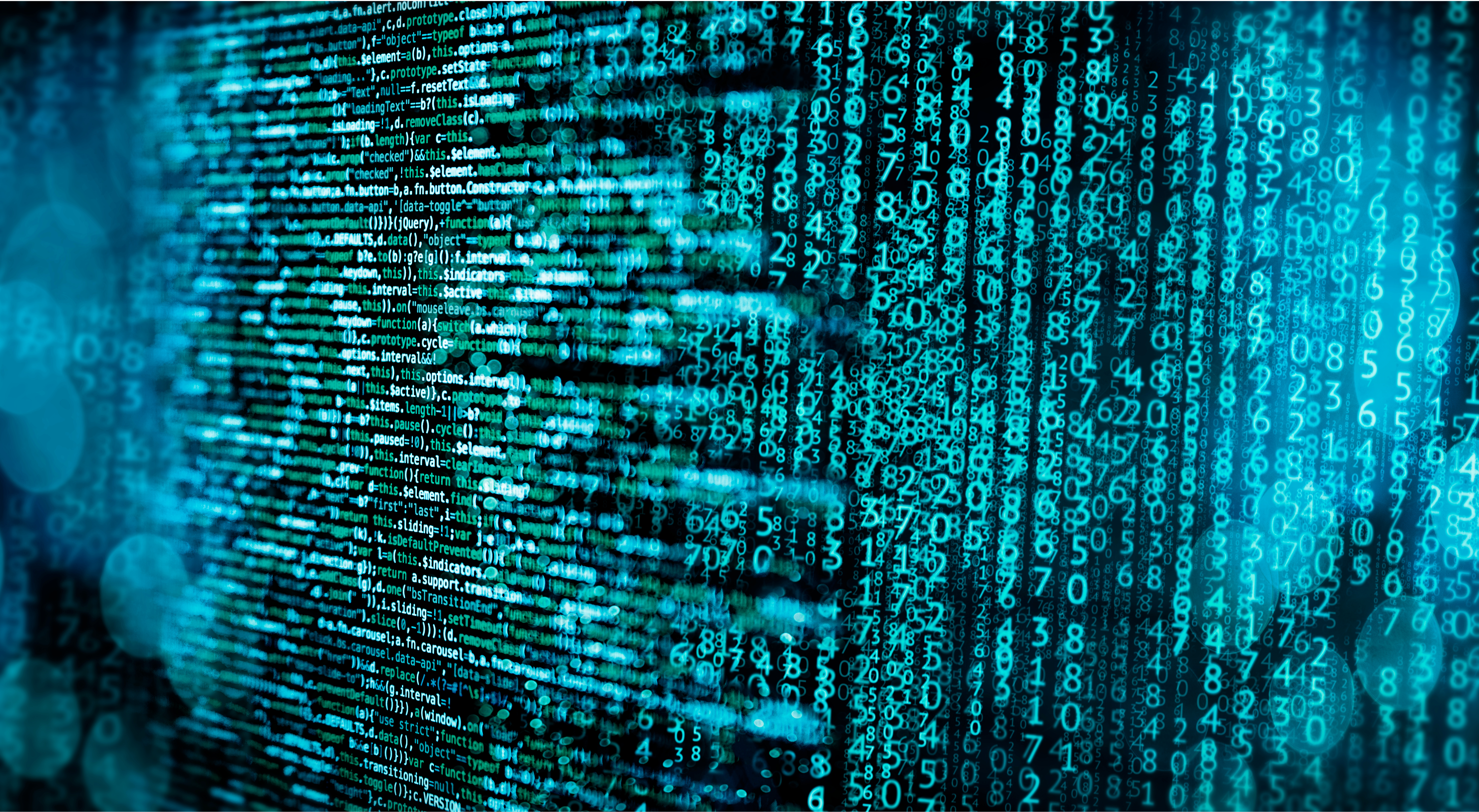 A graphical depiction of computer coding, with code on the left side running horizontally, and code on the left side consisting of numbers aligned vertically. The text is blue and the background is black.