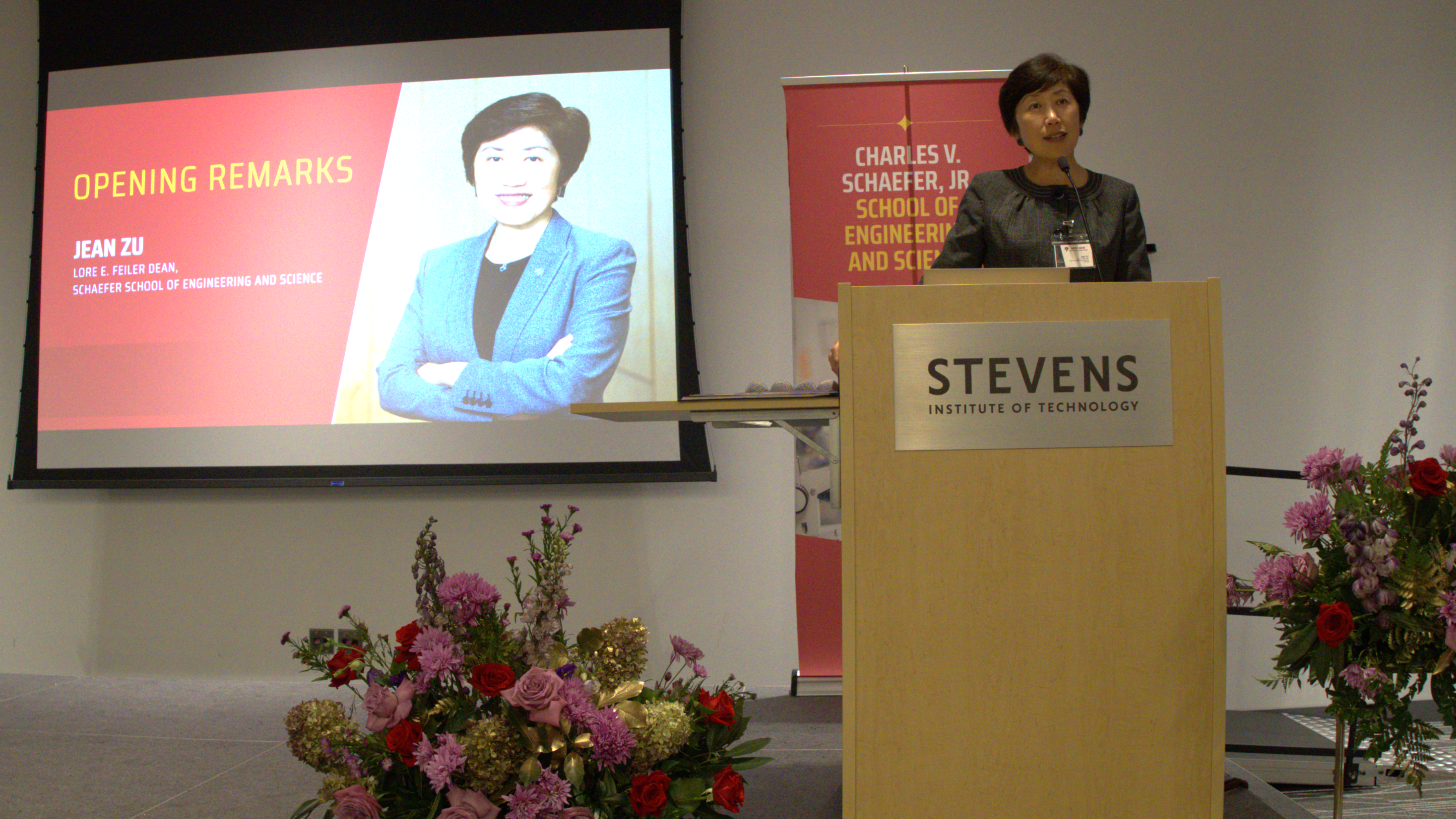 Jean Zu, dean of the Schaefer School of Engineering and Science, speaks during the 2024 Next-Gen Symposium.