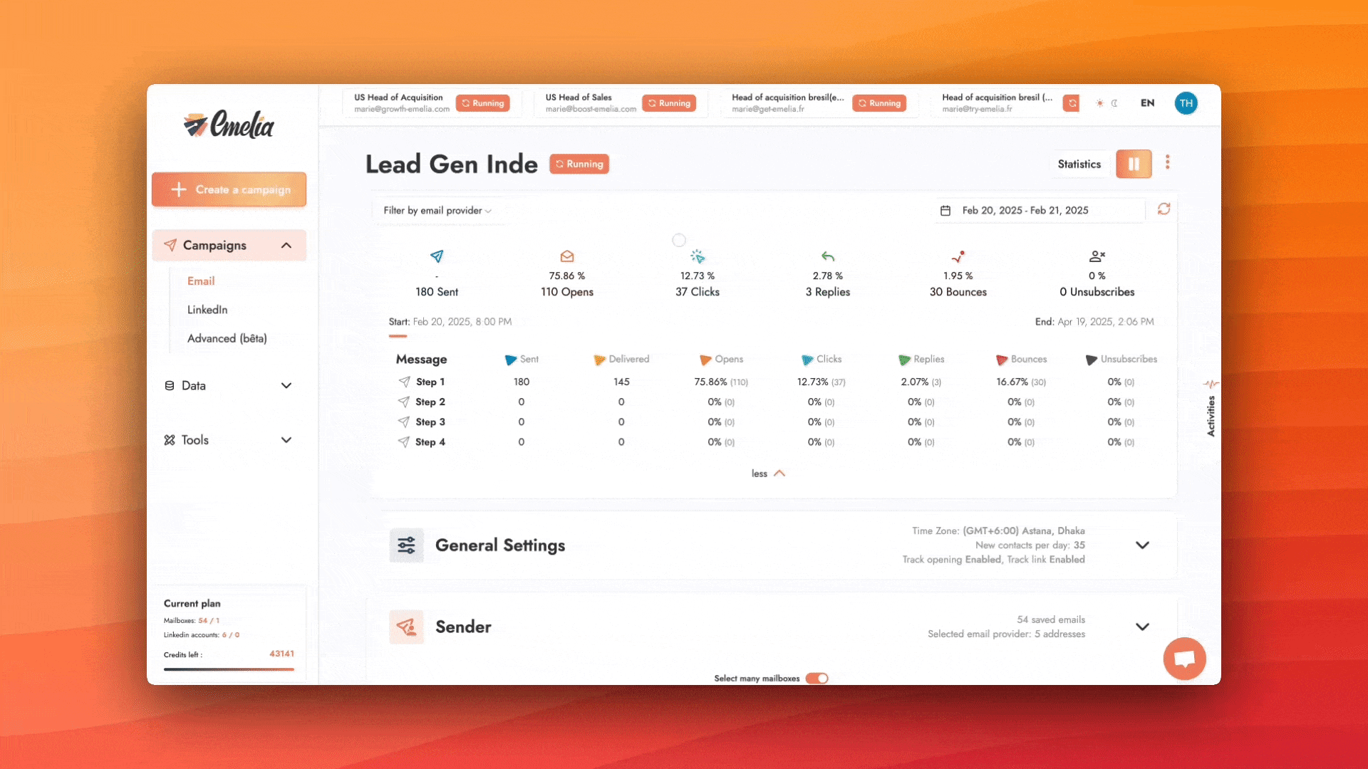 Optimize your B2B prospecting campaigns with our statistics dashboard, which provides you with all the data you need to analyze your cold emailing, LinkedIn Automation and cross-channel campaigns.