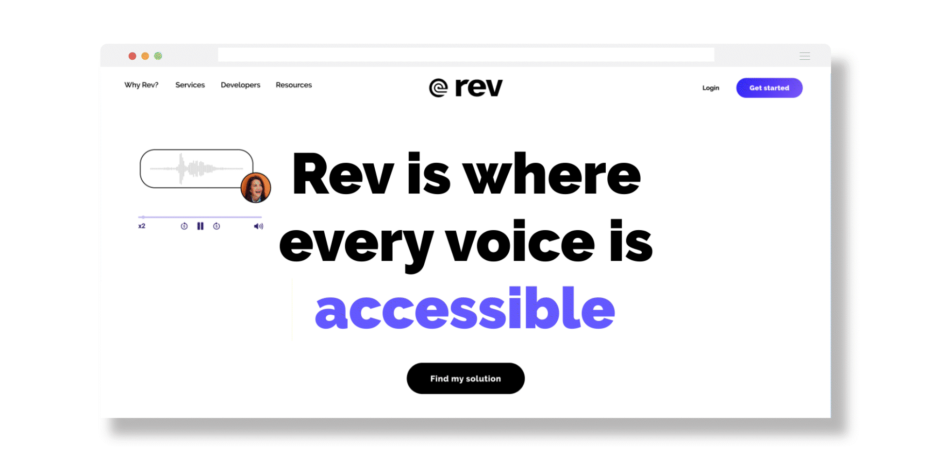 A rendering of a rev desktop with sound wave icons and avatar images of people talking with text reading 'Rev is where the human voice is understood.'