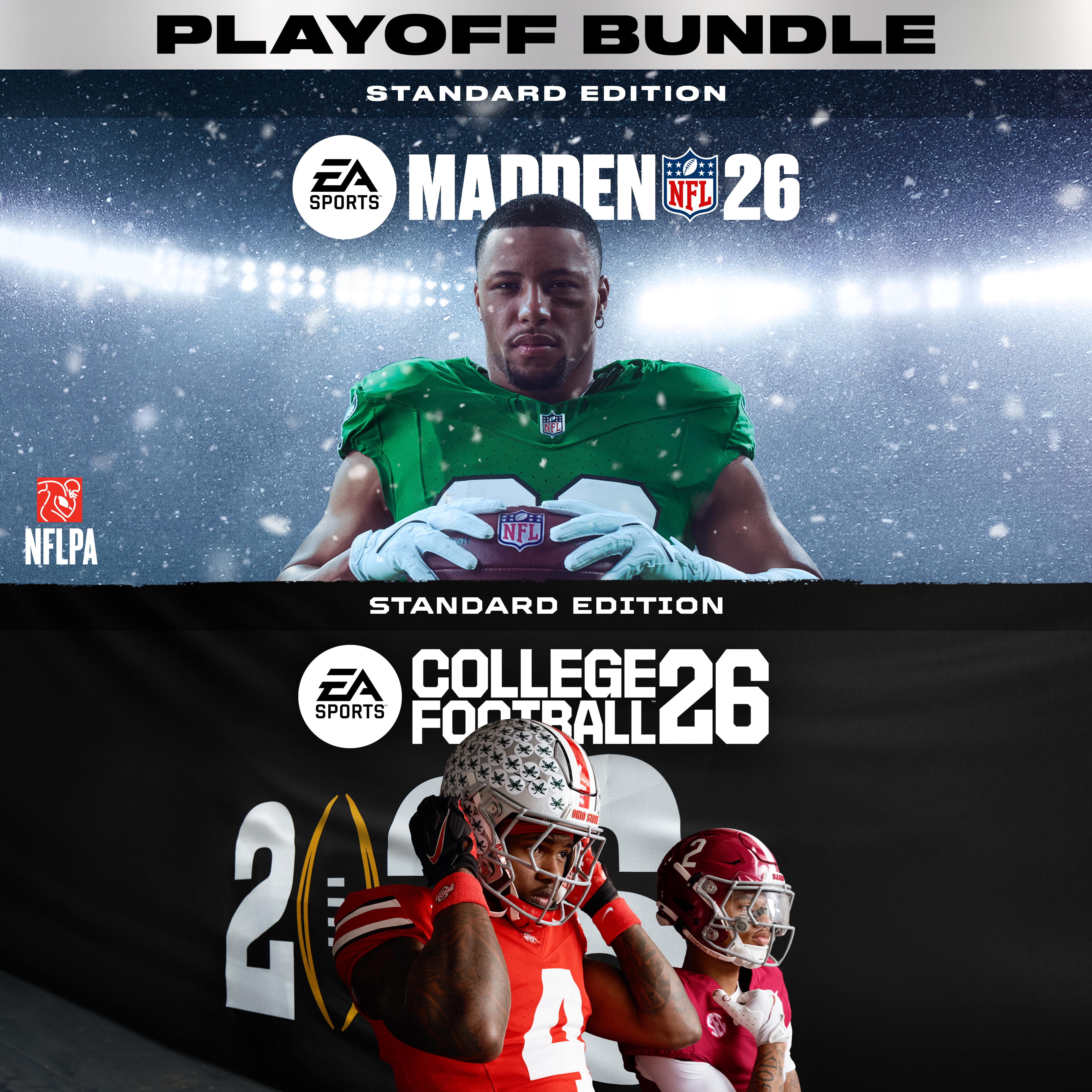  Composite image of the standard edition cover images of Madden NFL 26 featuring Saquon Barkley and College Football 26 featuring Jeremiah Smith and Ryan Williams.