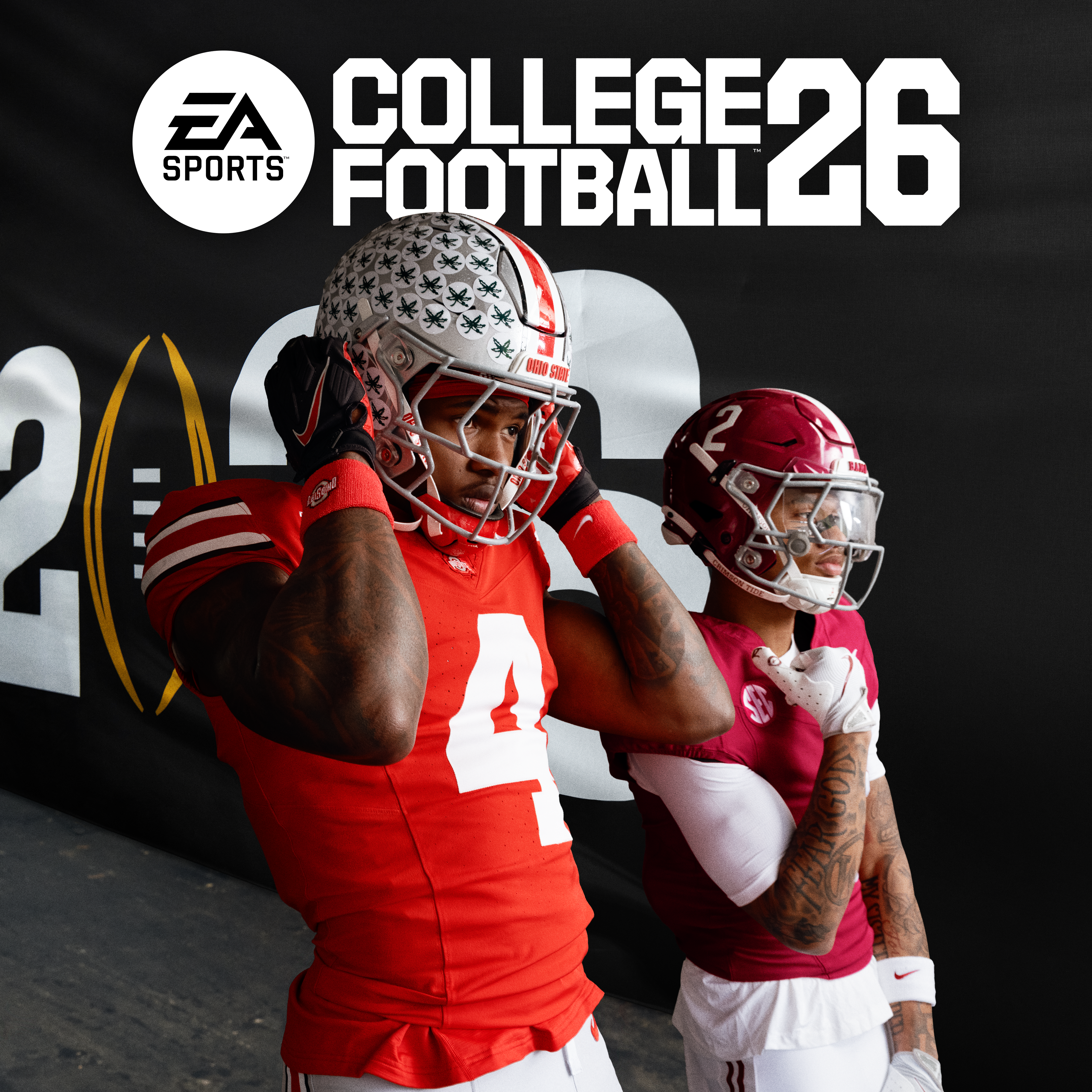 Image showing College Football 26 cover athletes Jeremiah Smith and Ryan Williams walking through a stadium tunnel with the College Football 26 logo behind them.