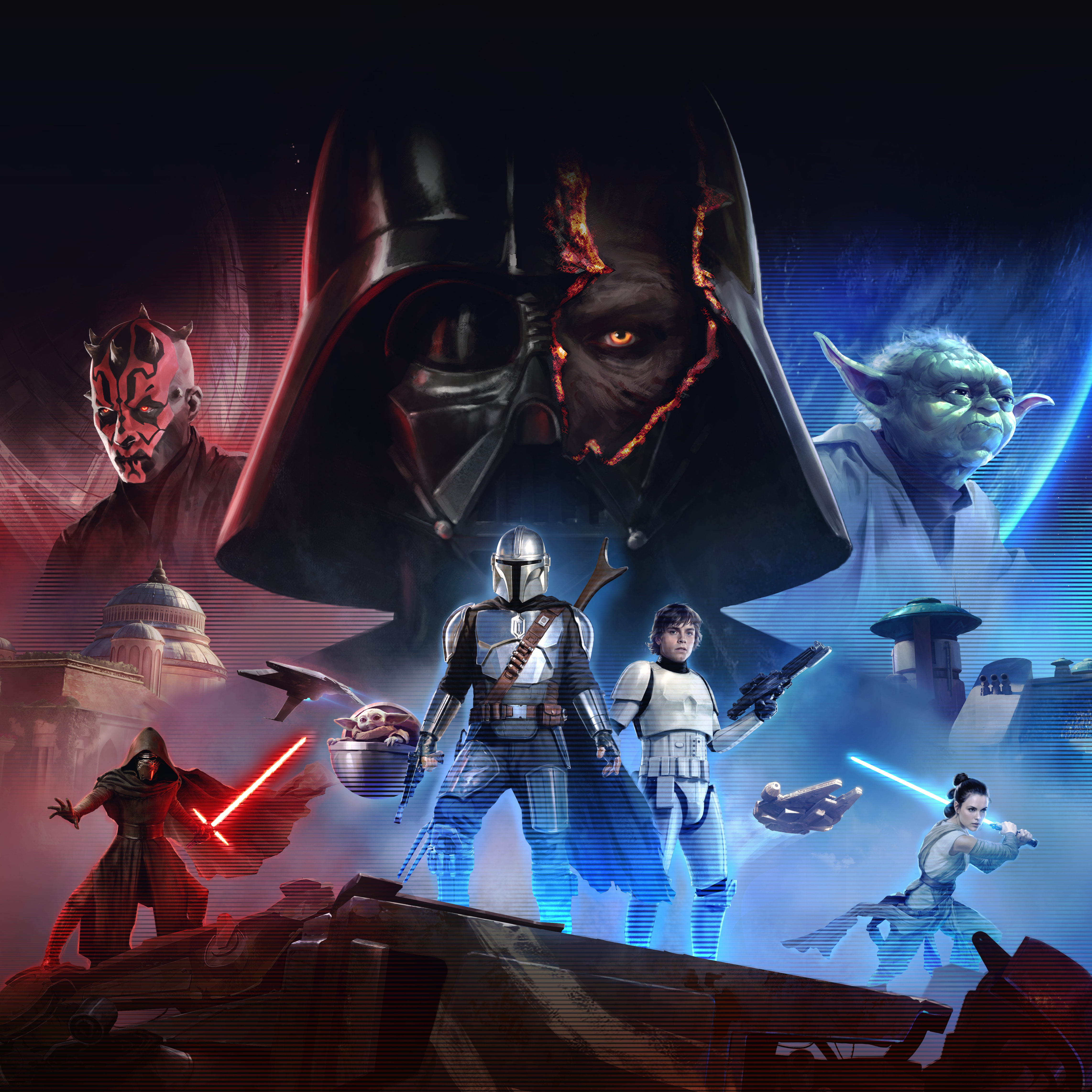 Characters from Star Wars: Galaxy of Heroes in battle poses with lightsabers and blasters drawn. The central figures are Mando and Stormtrooper Luke, with Darth Vader shown in the backdrop.