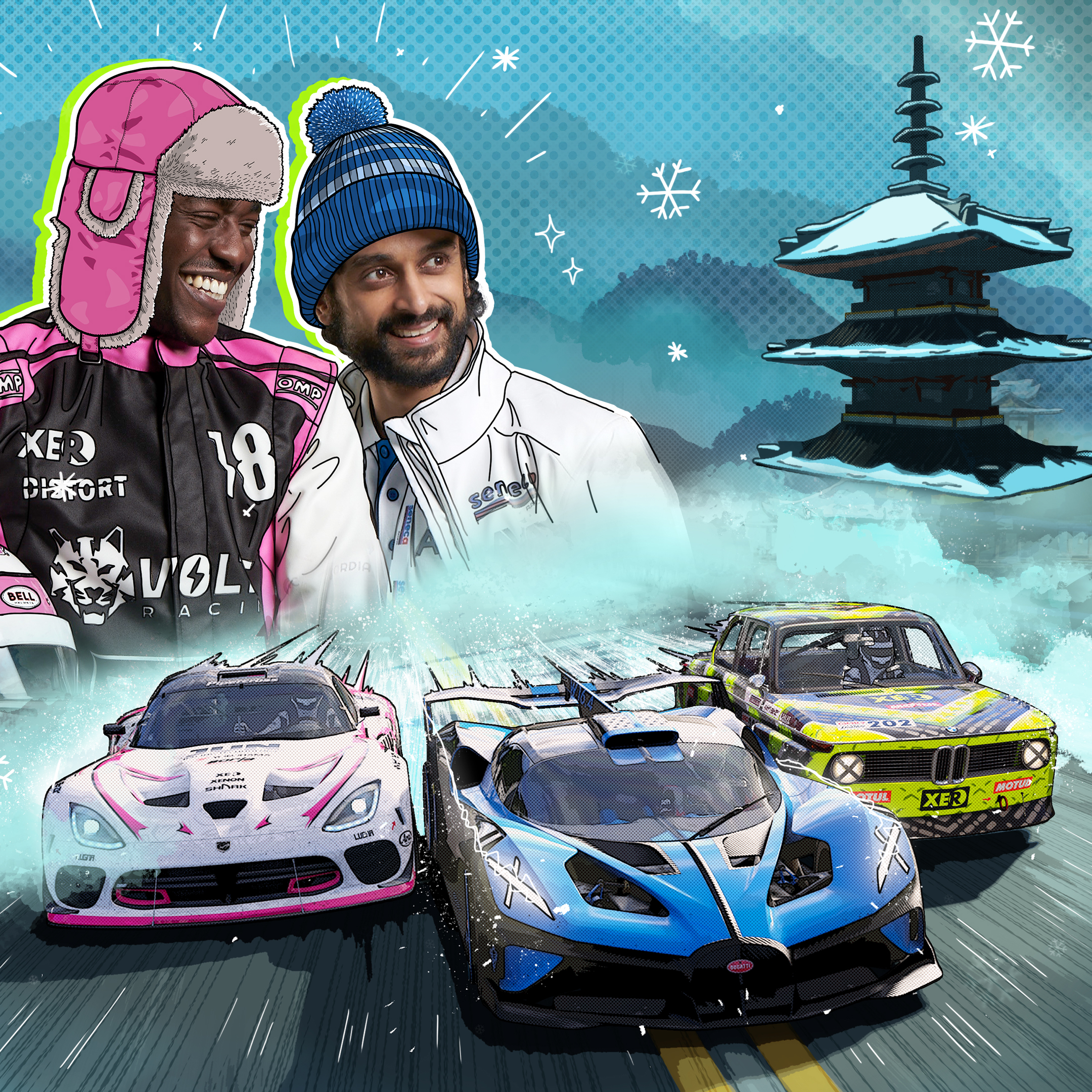 Arte-chave para o DLC Winter Bash: três carros de corrida com duas pessoas ao lado usando roupas animadas em uma cena de inverno.