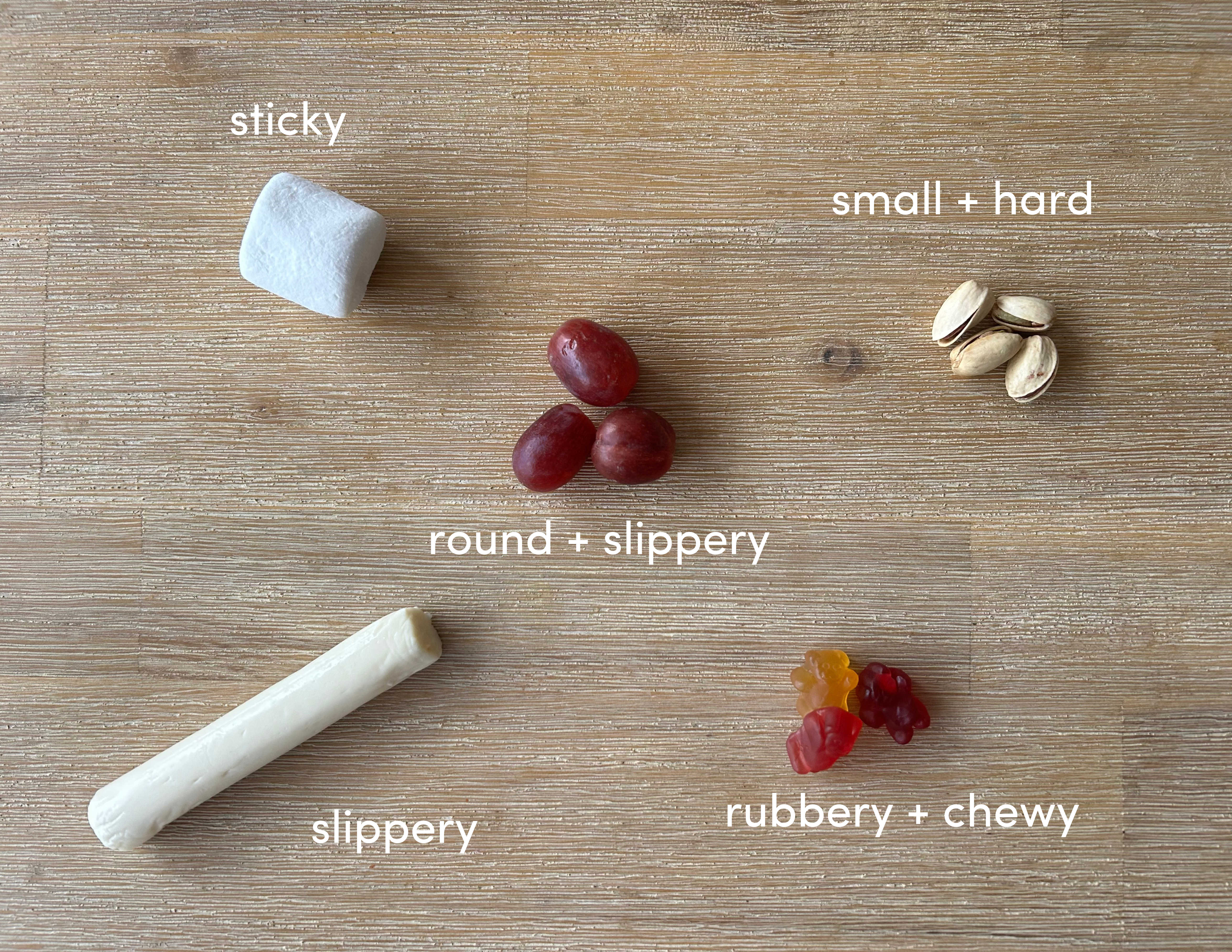 a photograph of a large marshmallow, a stick of string cheese, three grapes, four pistachios, and three gummy bears identifying their common choking characteristics