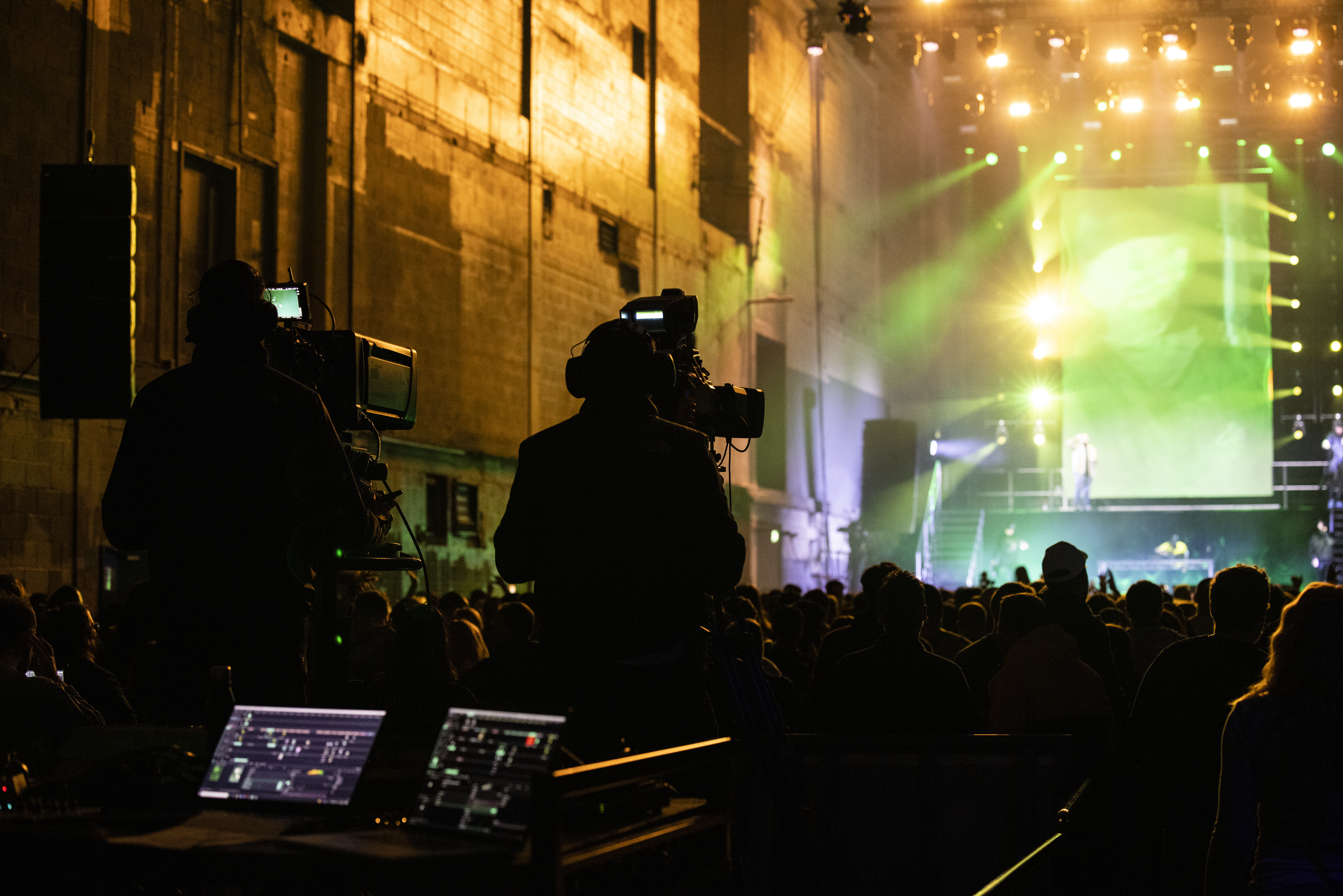 Kurupt FM live on stage at Printworks London shot from behind the broadcast  cameras