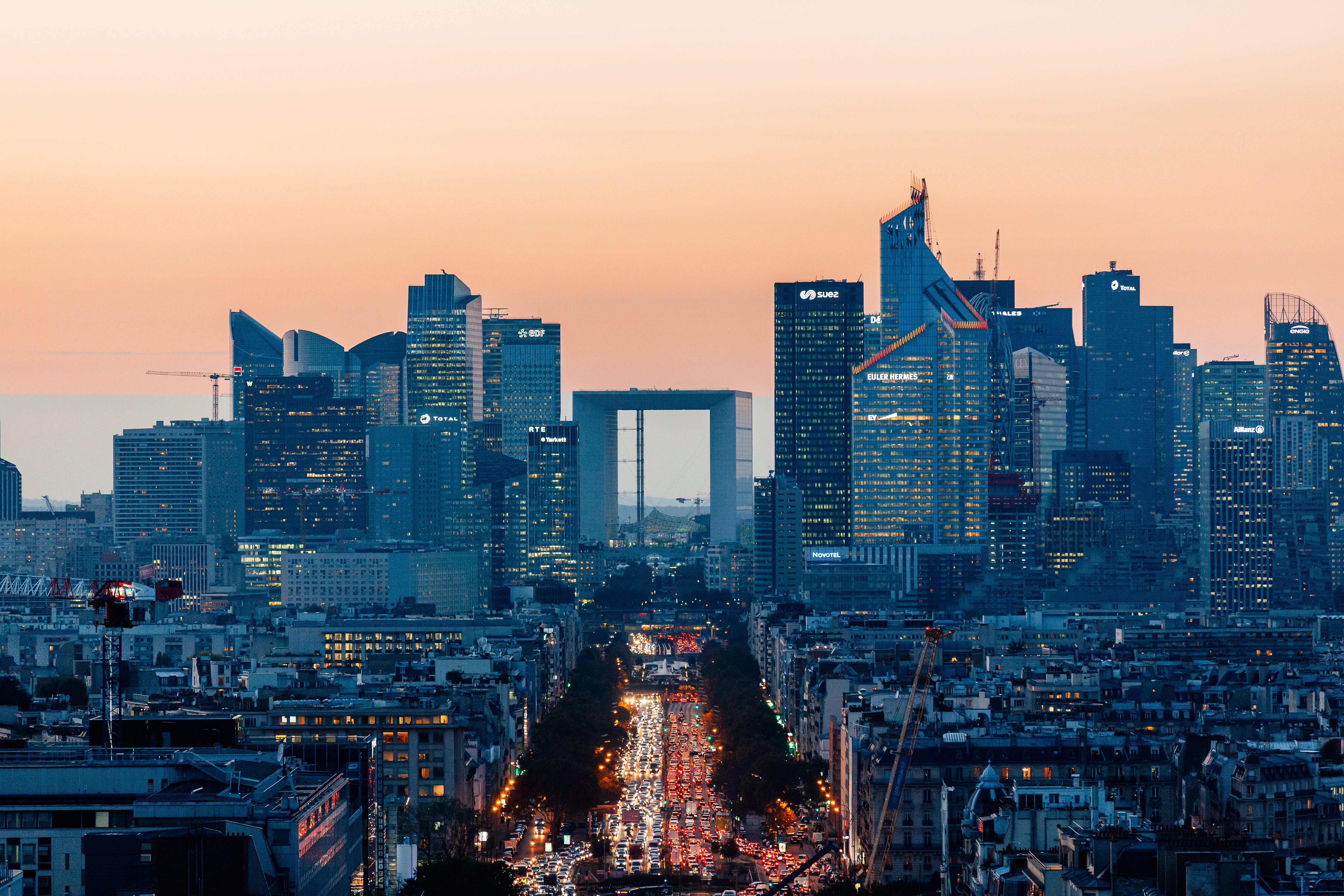 Skyscrapers of La Defense business district illuminated at night, Paris, France
