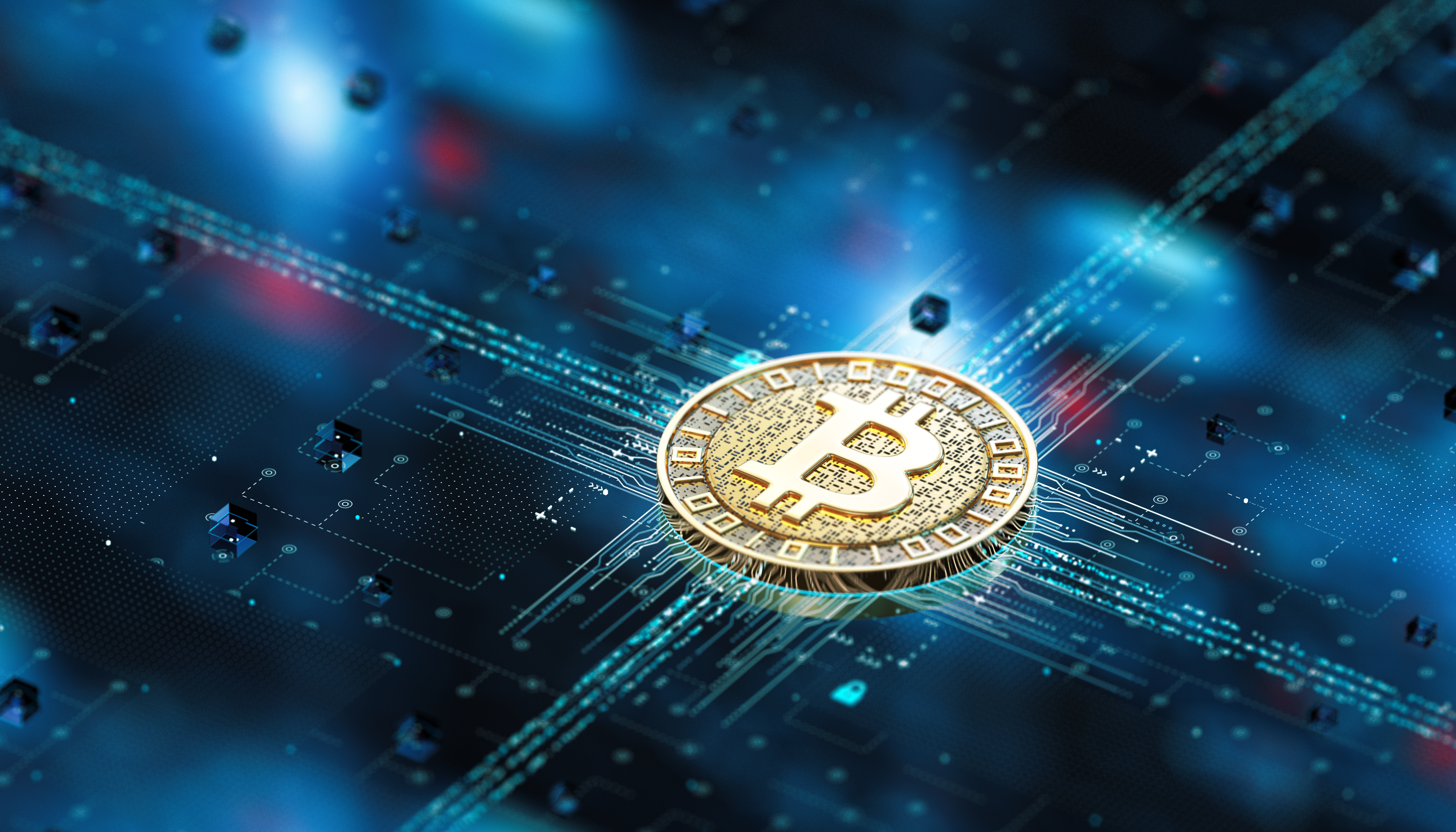 Man viewing a glowing Bitcoin logo
