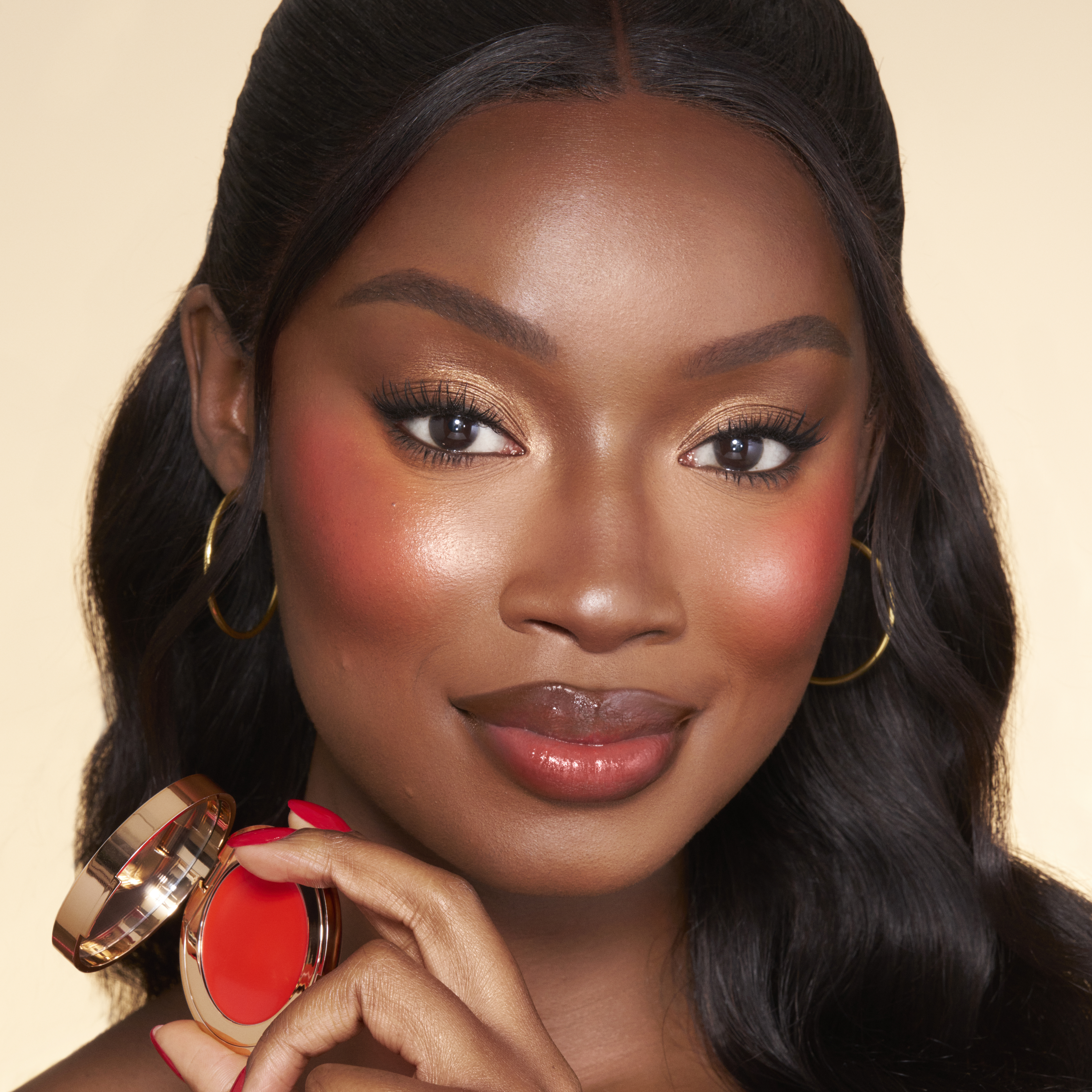 Model wearing a pinched cheek summer blush look created with Pinched Cheek Glow